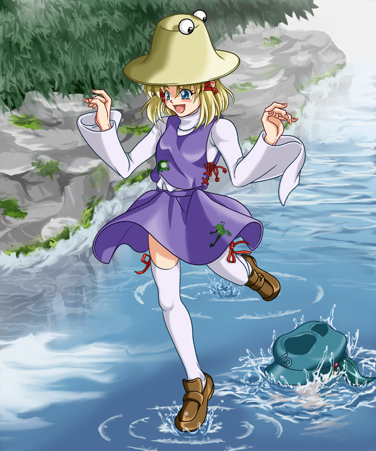 chimu, kawashiro nitori, moriya suwako, touhou, 2girls, blue eyes, blue hair, female focus, footprints, full body, hat, multiple girls, nature, outdoors, plant, short hair, skirt, thighhighs, twintails, water