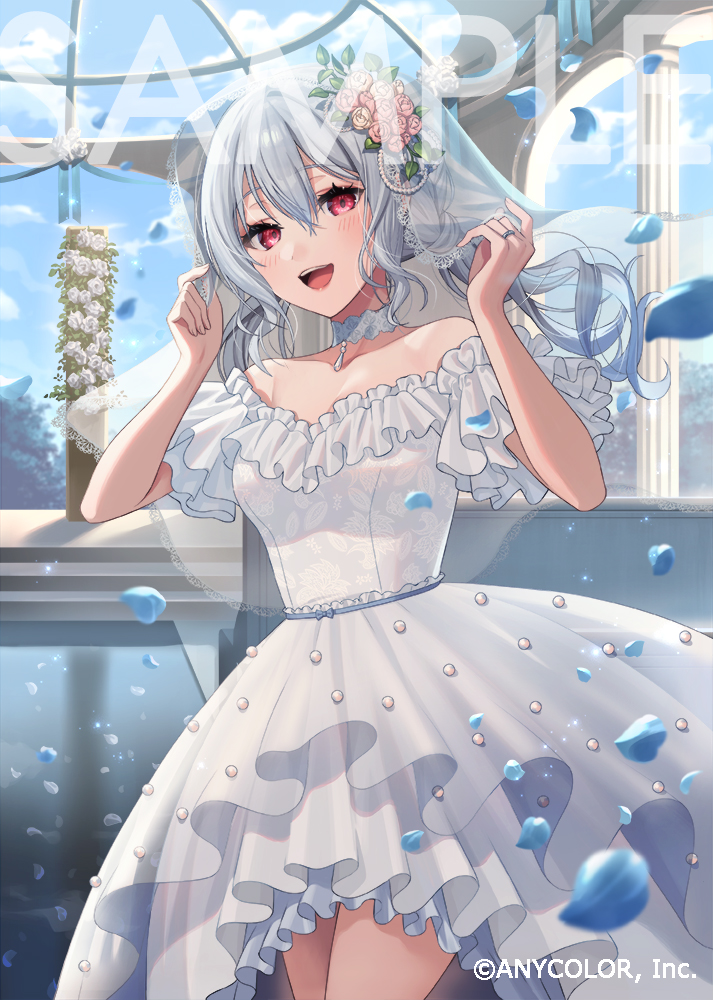 dolustoy, hakase fuyuki, nijisanji, official art, 1girl, :d, arcade (architecture), arch, bare shoulders, beads, breasts, bridal veil, bride, choker, cloud, collarbone, copyright notice, cowboy shot, day, dome, dress, falling petals, flower, frilled dress, frilled sleeves, frills, glass ceiling, grey hair, hair between eyes, hair flower, hair ornament, hands up, high-low dress, holding veil, indoors, jewelry, lace-trimmed veil, lace trim, leaf hair ornament, long hair, looking at viewer, low twintails, medium breasts, off-shoulder dress, off shoulder, open mouth, pendant choker, petals, pillar, pink flower, pink rose, red eyes, ring, rose, sample watermark, see-through clothes, see-through veil, short sleeves, smile, solo, stairs, standing, tree, twintails, veil, virtual youtuber, watermark, wedding dress, wedding ring, white choker, white dress, white flower, white rose, white veil