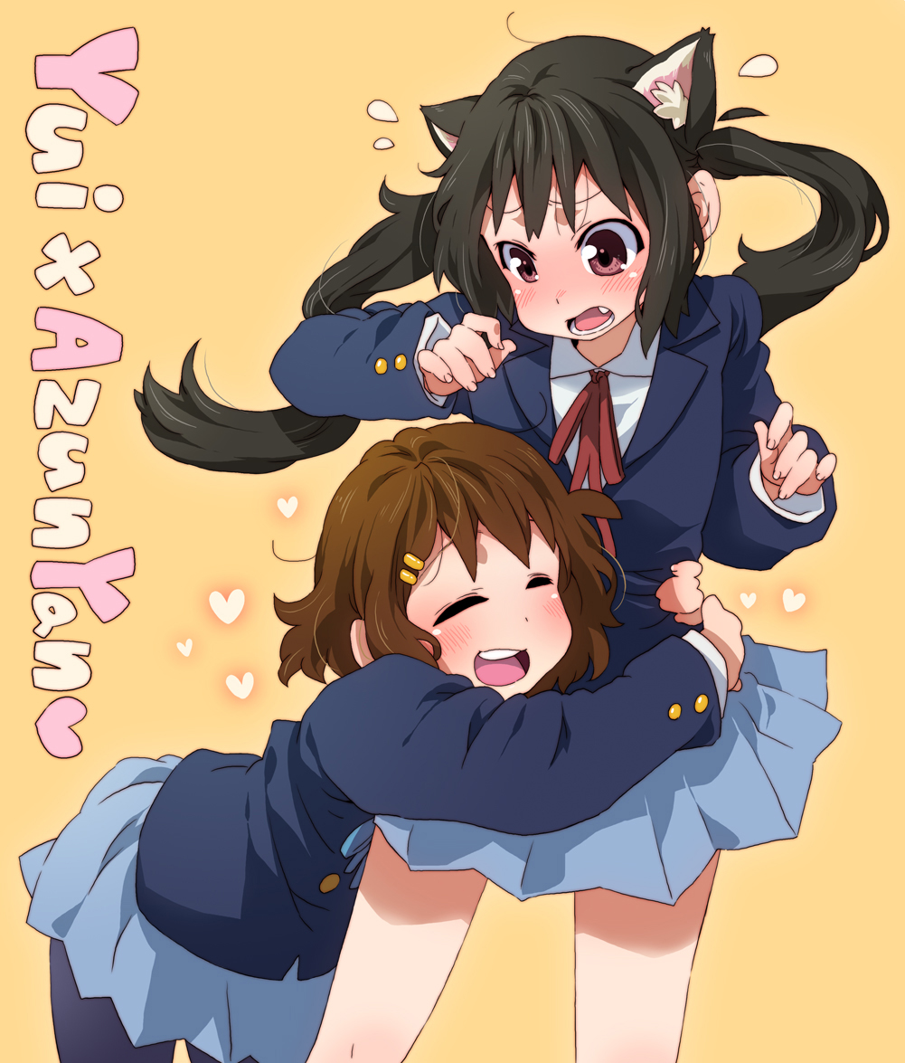 takanashi ringo, hirasawa yui, nakano azusa, k-on!, 00s, 2girls, animal ears, black hair, blush, brown eyes, brown hair, cat ears, closed eyes, fang, hug, long hair, multiple girls, pantyhose, school uniform, short hair, twintails, yuri