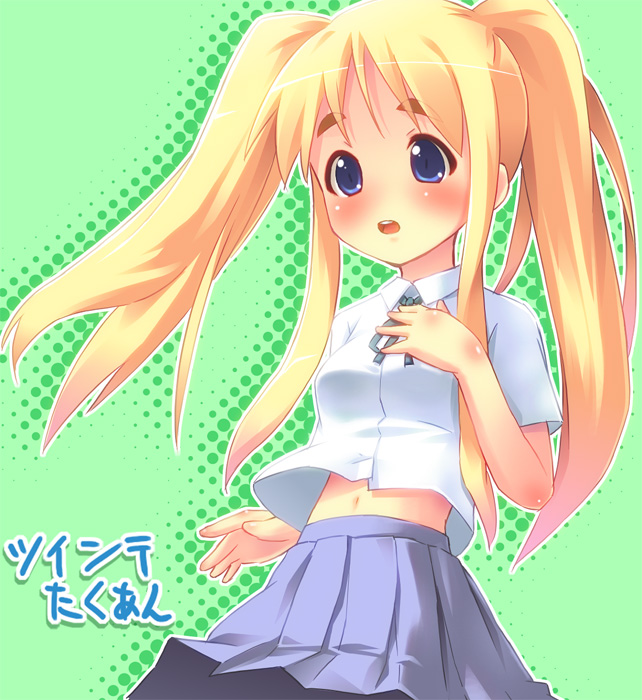 pu-en, kotobuki tsumugi, k-on!, 00s, 1girl, aged down, alternate hairstyle, blonde hair, blue eyes, female focus, halftone, halftone background, long hair, midriff, school uniform, solo, twintails
