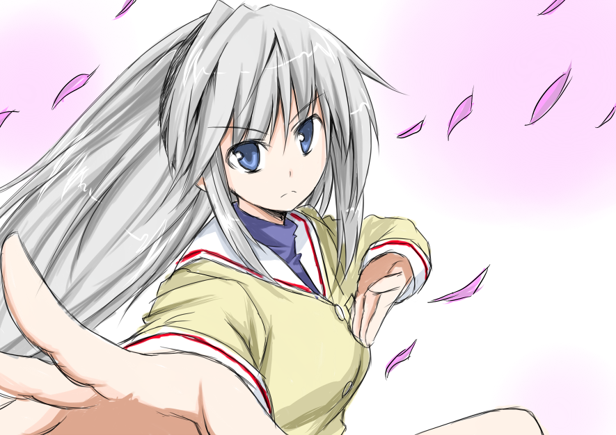 wata, sakagami tomoyo, clannad, silver hair, bad id, bad pixiv id, 00s, 1girl, blue eyes, cherry blossoms, female focus, fighting stance, hairband, long hair, petals, school uniform, solo