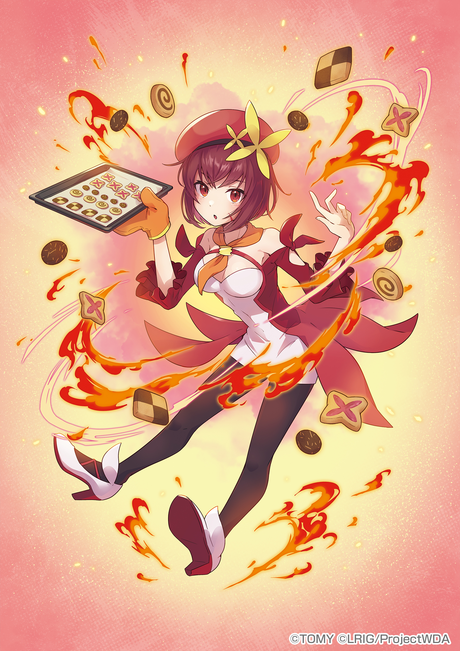 peron (niki2ki884), hanayo (wixoss), wixoss, highres, official art, 1girl, beret, black pantyhose, cape, cookie, copyright notice, dress, fire, food, gloves, hat, high heels, looking at viewer, open mouth, orange gloves, oven mitts, pantyhose, red cape, red eyes, red hair, red hat, red shoes, shoes, short hair, solo, white dress