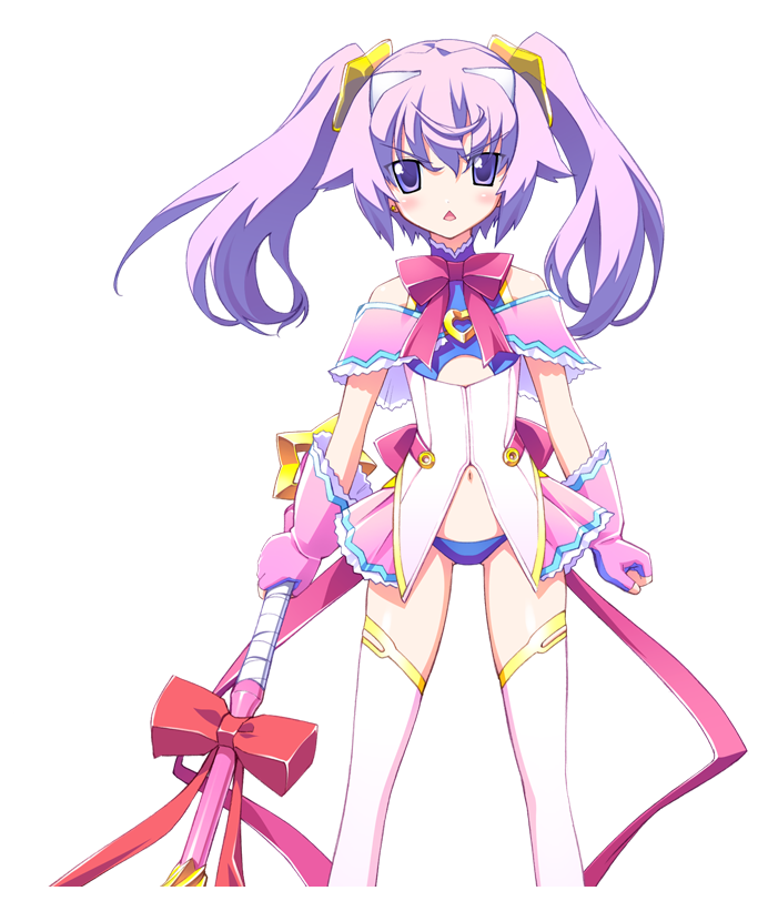 matsuo yukihiro, erin-fray orgel, chaos;head, chaos;head love chu chu!, science adventure, game cg, official art, 1girl, :<, annoyed, back ribbon, bandeau, bare shoulders, blue bandeau, blue panties, blush, chest ribbon, clenched hand, closed eyes, closed mouth, clothing cutout, cute weapon, earrings, fingerless gloves, flat chest, frown, gloves, gold trim, hair ornament, halterneck, holding, holding weapon, horns, jewelry, long hair, looking at viewer, magical girl, navel, off shoulder, open mouth, panties, pensive, petite, petticoat, purple hair, red ribbon, ribbon, solo, sprite, star (symbol), star hair ornament, thighhighs, thighs, tongue, twintails, underboob cutout, underwear, weapon, white horns, white thighhighs, zettai ryouiki