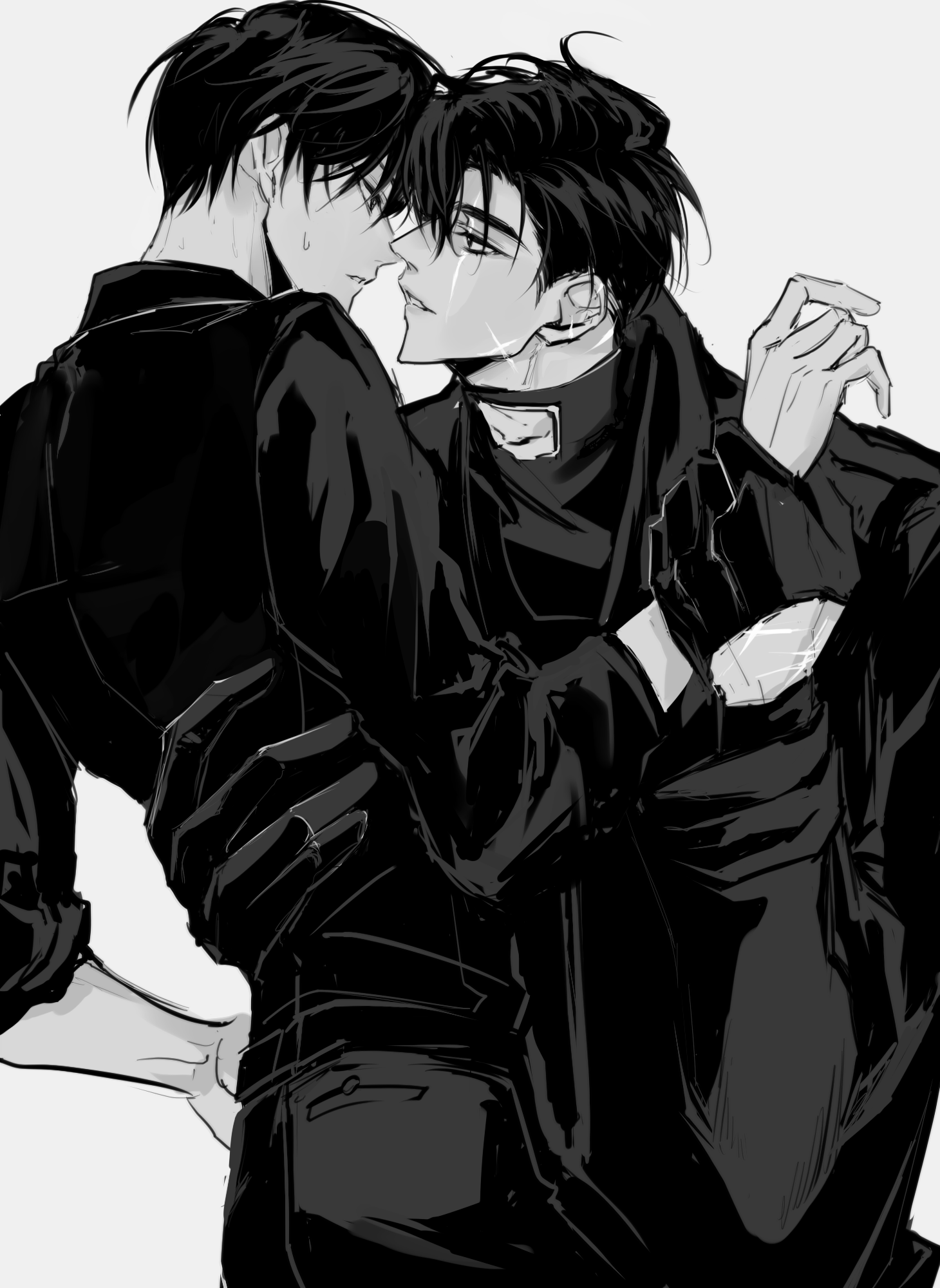 rhyme1863, kim dokja, yoo joonghyuk, omniscient reader's viewpoint, hashtag-only commentary, highres, 2boys, black coat, black eyes, black gloves, black hair, black shirt, coat, crew neck, curtained hair, gloves, greyscale, hand on another's back, hand on own hip, holding another's wrist, large hands, looking at another, male focus, monochrome, multiple boys, multiple scars, open clothes, open coat, parted lips, scar, scar across eye, scar on face, scar on hand, shirt, short hair, smirk, twisted torso, yaoi