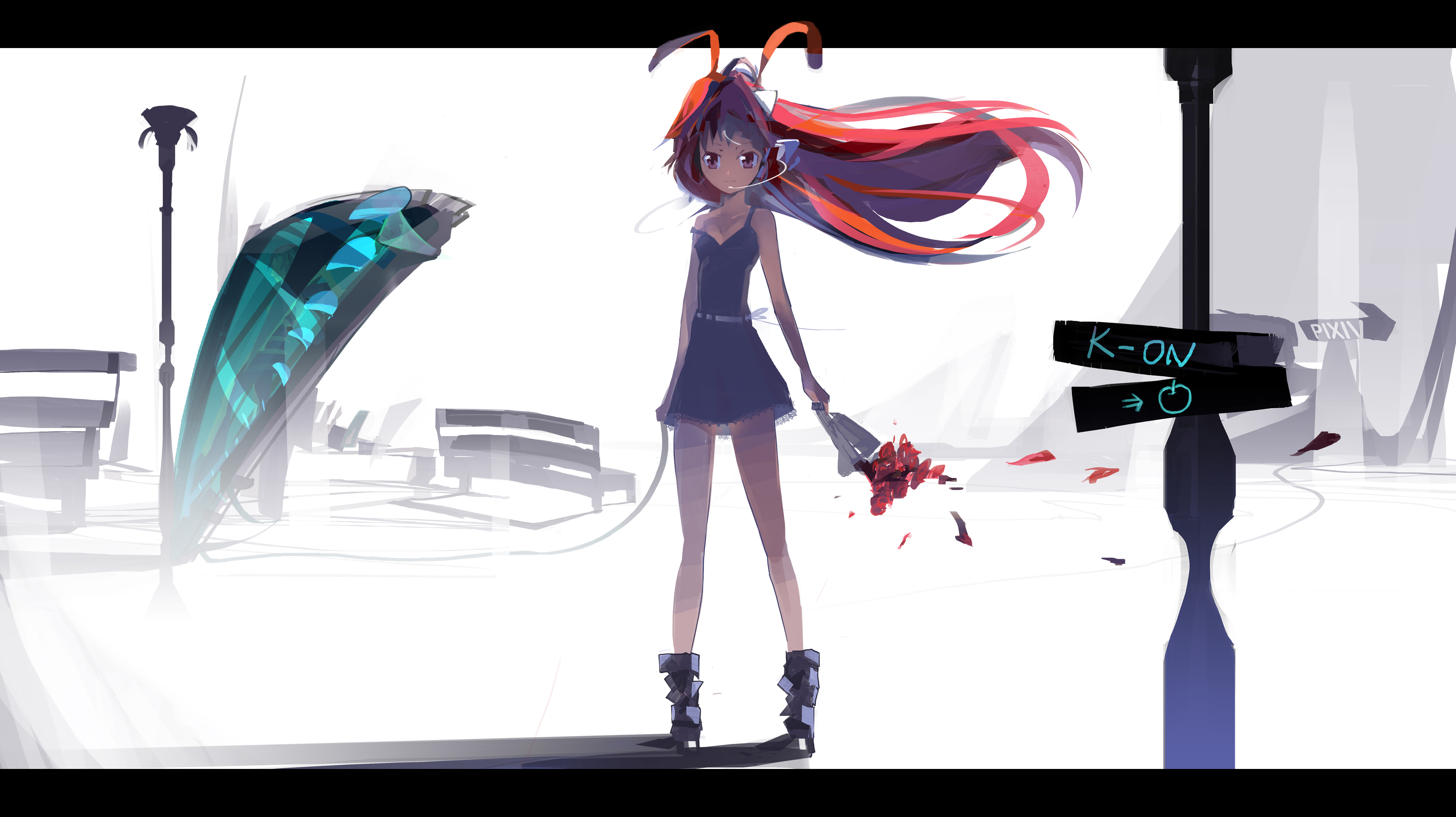 dan evan, original, pixiv, absurdres, highres, animal ears, bench, boots, flower, headset, letterboxed, long hair, rabbit ears, red eyes, red hair, skirt, solo