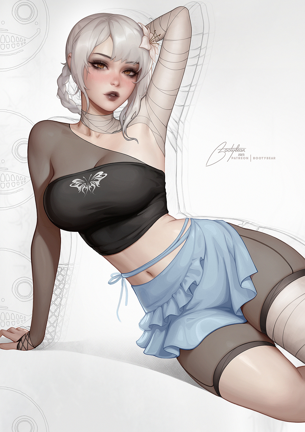 bootybear, kaine (nier), nier, nier (series), commentary, english commentary, highres, 1girl, arm support, bandaged arm, bandaged leg, bandaged neck, bandages, black tube top, braid, braided hair rings, breasts, brown eyes, cleavage, fingerless gloves, fishnet gloves, fishnets, gloves, hair rings, large breasts, lips, looking at viewer, lunar tear, medium hair, navel, patreon username, solo, strapless, thigh strap, tube top, white background, white hair