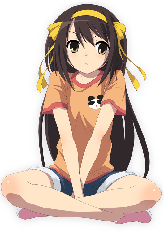 oryo (oryo04), suzumiya haruhi, suzumiya haruhi no yuuutsu, bad id, bad pixiv id, 00s, 1girl, :<, alternate hairstyle, blouse, brown hair, crossed legs, female focus, full body, hairband, indian style, long hair, official alternate hair length, official alternate hairstyle, orange shirt, pink shoes, shirt, shoes, simple background, sitting, solo, white background, yellow eyes