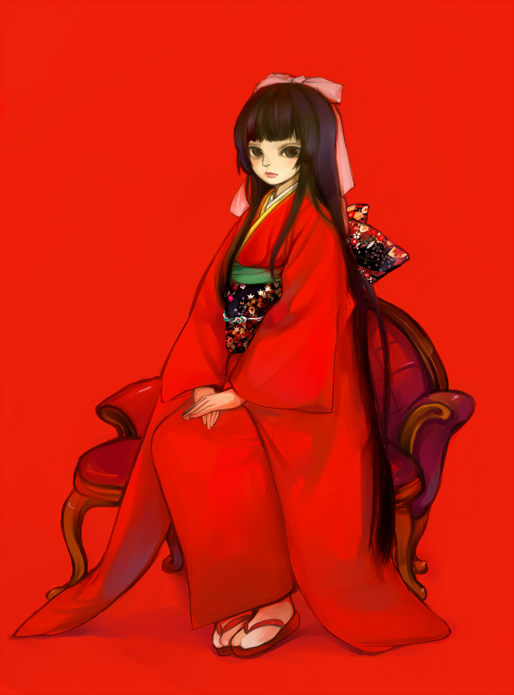 chm, original, white legwear, bad id, bad pixiv id, highres, brown eyes, brown hair, full body, japanese clothes, kimono, long hair, own hands together, red background, red theme, sandals, simple background, sitting, solo, tabi, very long hair, zouri