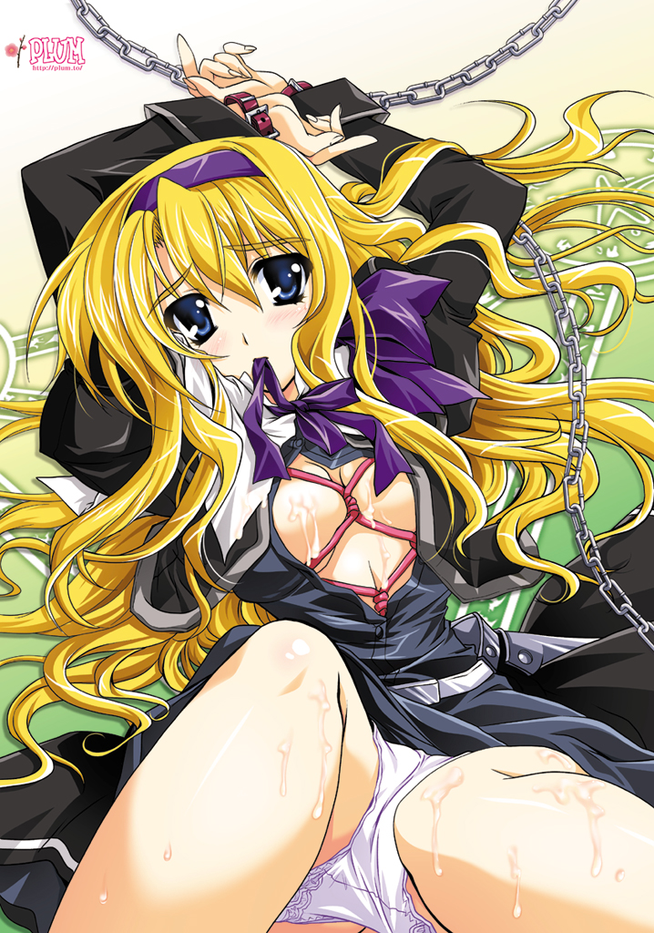 kanna (plum), carim gracia, lyrical nanoha, mahou shoujo lyrical nanoha, mahou shoujo lyrical nanoha strikers, 00s, 1girl, bdsm, blonde hair, blue eyes, blush, bondage, bound, chain, cuffs, cum, female focus, hairband, long hair, mouth hold, open clothes, open shirt, panties, shibari, shirt, solo, underwear