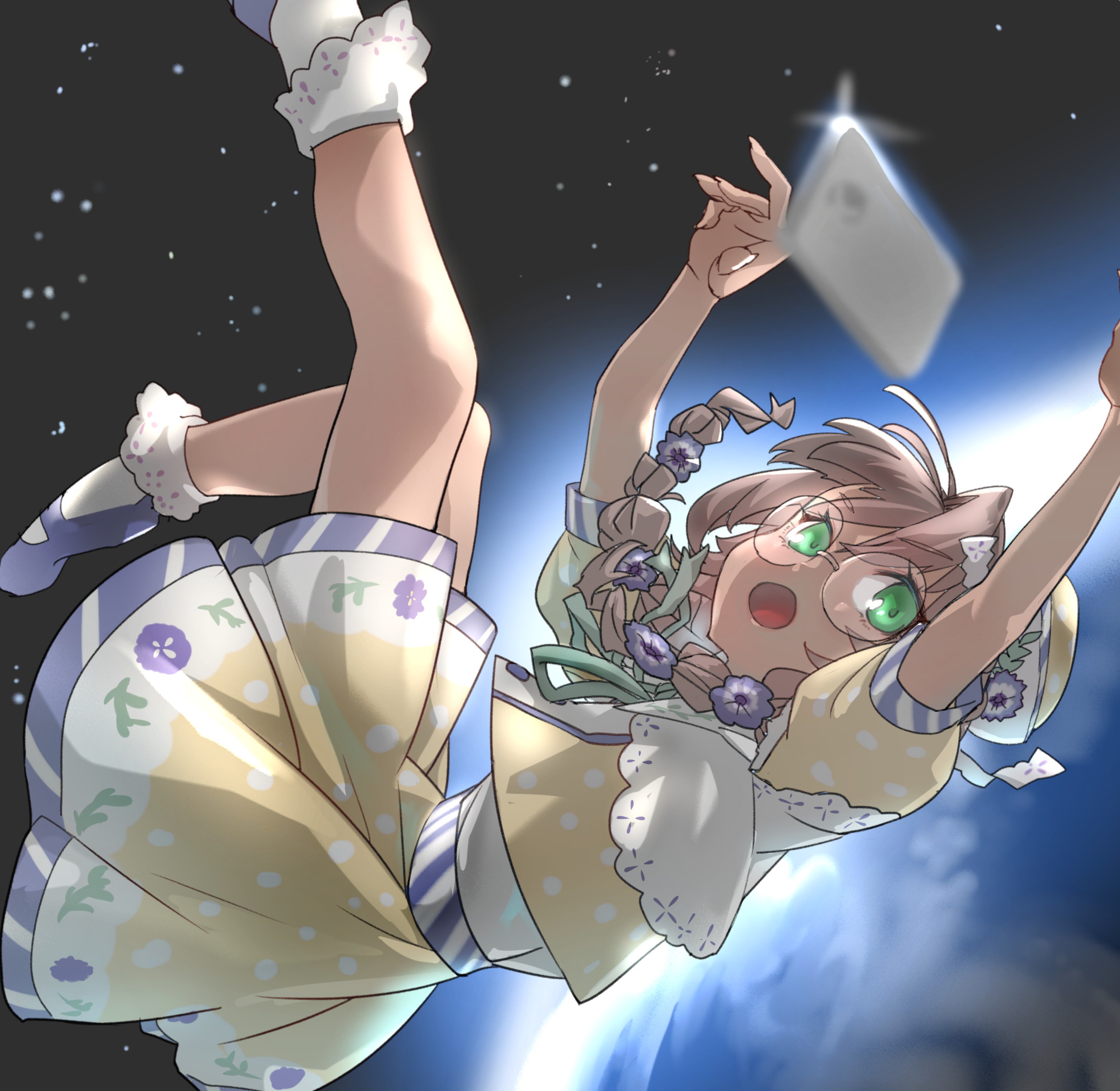 ryuugan, yaguruma rine, nijisanji, absurdres, highres, 1girl, ankle socks, backlighting, blurry, braid, brown hair, cellphone, depth of field, earth (planet), floating, floating hair, floral print, floral print skirt, flower, foot out of frame, glasses, green eyes, green ribbon, grey-framed eyewear, hair flower, hair ornament, hair over shoulder, hat, long hair, low twin braids, mary janes, mini hat, miniskirt, neck ribbon, open mouth, phone, planet, polka dot, polka dot shirt, polka dot skirt, print skirt, puffy short sleeves, puffy sleeves, purple flower, ribbon, round eyewear, shirt, shoes, short sleeves, single hair intake, skirt, smartphone, socks, solo, space, tilted headwear, twin braids, virtual youtuber, white ribbon, white socks, yellow shirt, yellow skirt