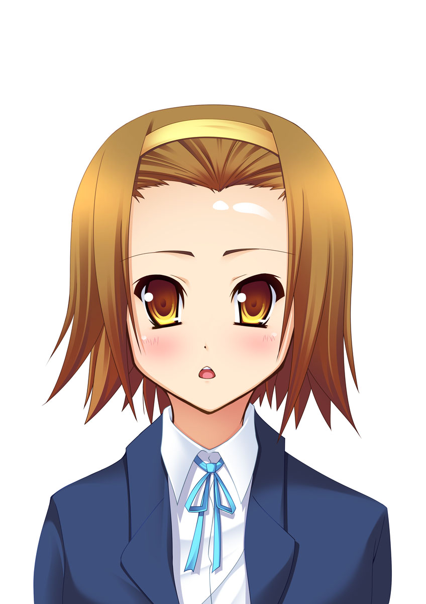aoi ichigo, tainaka ritsu, k-on!, highres, 00s, 1girl, brown eyes, brown hair, female focus, hairband, school uniform, short hair, simple background, solo, tomboy, white background
