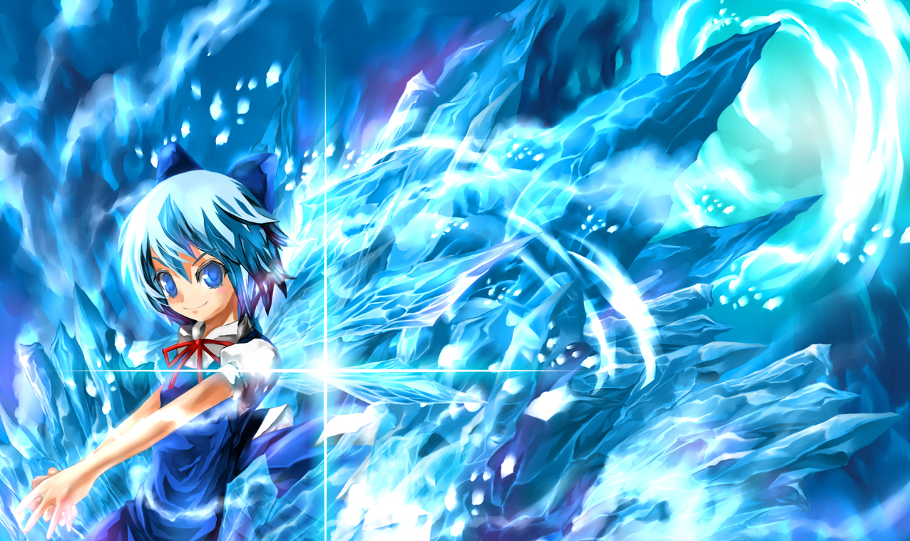 mikihiro, cirno, embodiment of scarlet devil, touhou, bad id, bad pixiv id, 1girl, blue eyes, blue hair, dress, female focus, ice, matching hair/eyes, ribbon, short hair, solo, wings