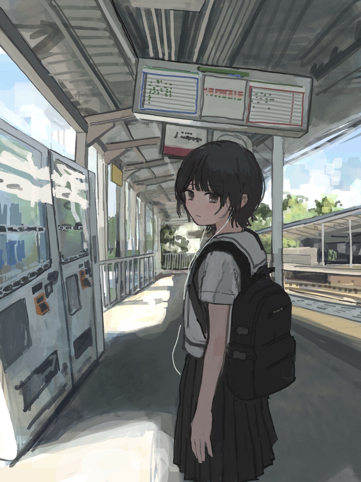 62 retas, original, highres, 1girl, backpack, bag, black hair, black skirt, blue sky, closed mouth, earphones, grey eyes, hair between eyes, looking at viewer, looking back, outdoors, school uniform, shirt, short hair, short sleeves, skirt, sky, solo, train station, train station platform, vending machine, white shirt