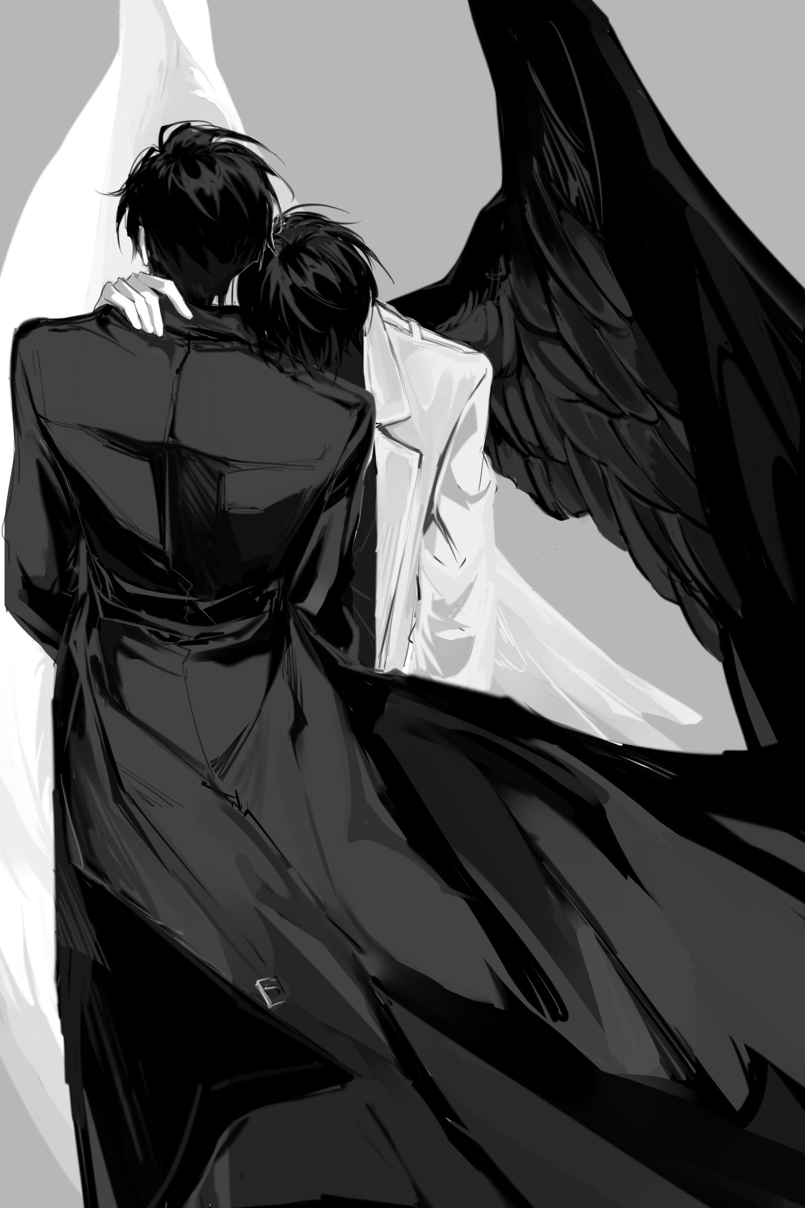 rhyme1863, kim dokja, yoo joonghyuk, omniscient reader's viewpoint, absurdres, highres, 2boys, black coat, black hair, black wings, coat, facing away, feathered wings, greyscale, hand on another's shoulder, head on another's shoulder, male focus, monochrome, multiple boys, open clothes, open coat, short hair, standing, two-tone wings, white coat, wind, wind lift, wings