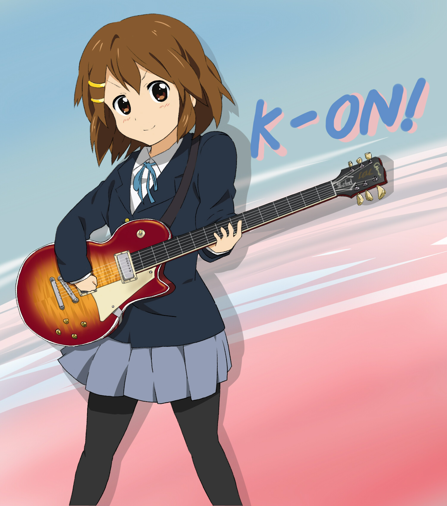delf, hirasawa yui, k-on!, bad id, bad pixiv id, highres, 00s, 1girl, brown eyes, brown hair, electric guitar, english text, female focus, gibson les paul, guitar, instrument, pantyhose, school uniform, short hair, solo