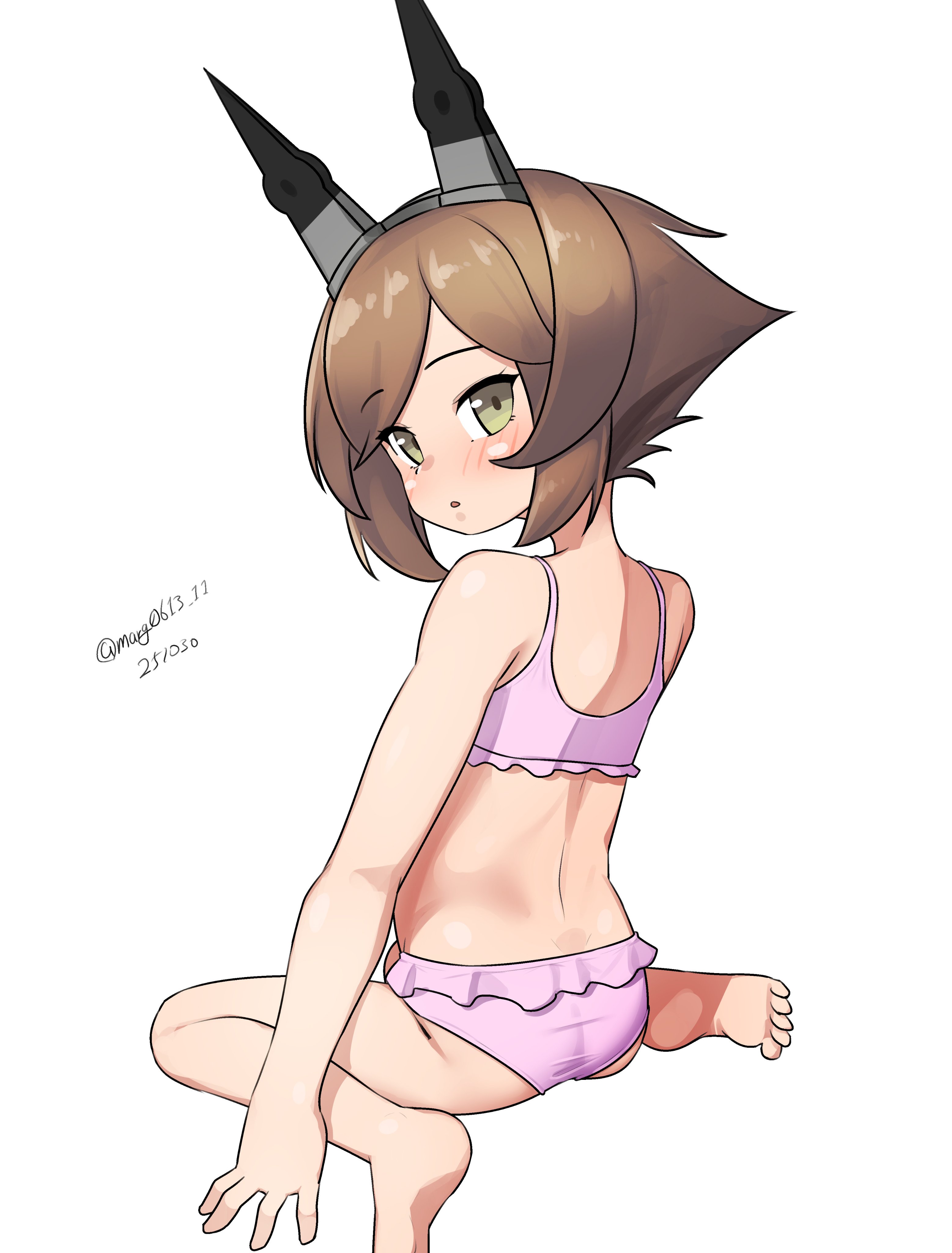 maru (marg0613), mutsu (kancolle), kantai collection, absurdres, highres, 1girl, aged down, barefoot, bikini, brown hair, dated, flipped hair, frilled bikini, frills, from behind, grey eyes, headgear, looking at viewer, looking back, pink bikini, radio antenna, short hair, simple background, sitting, solo, swimsuit, twitter username, wariza, white background