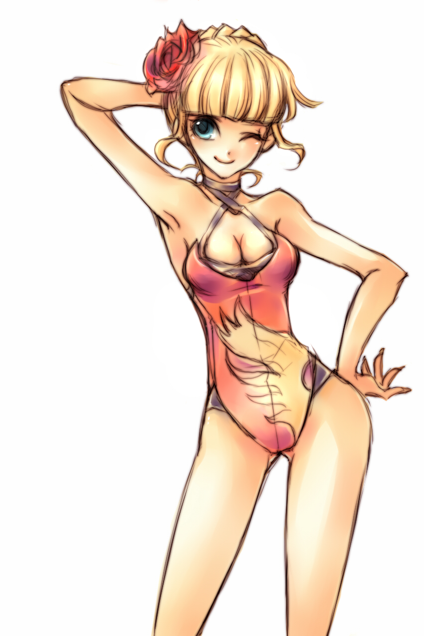 hidekoto, beatrice (umineko), umineko no naku koro ni, highres, 00s, 1girl, bikini, blonde hair, blue eyes, breasts, cleavage, female focus, flower, large breasts, one eye closed, rose, solo, swimsuit, wink