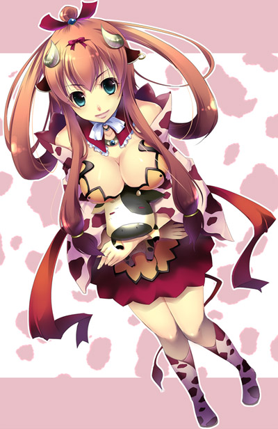 ta kaana, original, 1girl, animal ears, blue eyes, breasts, brown hair, cleavage, cow, cow ears, cow tail, earrings, female focus, horns, jewelry, large breasts, long hair, skirt, solo, tail
