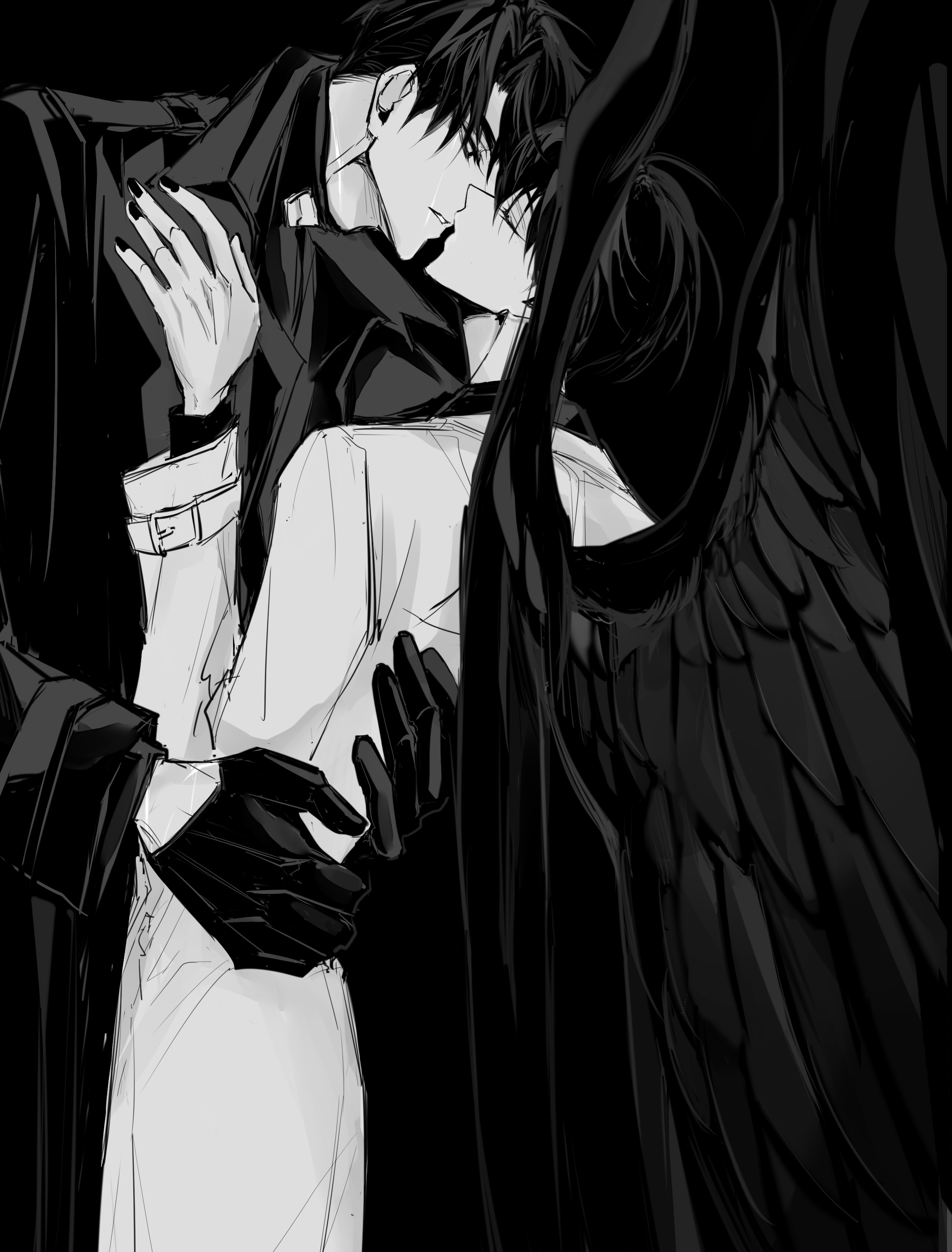 rhyme1863, kim dokja, secretive plotter, yoo joonghyuk, omniscient reader's viewpoint, absurdres, highres, 2boys, arm around waist, black coat, black gloves, black nails, black wings, closed eyes, coat, feathered wings, gloves, hand on another's shoulder, hands on another's back, height difference, imminent kiss, looking at another, male focus, multiple boys, open clothes, open coat, parted lips, scar, scar on face, scar on mouth, white coat, wings, yaoi