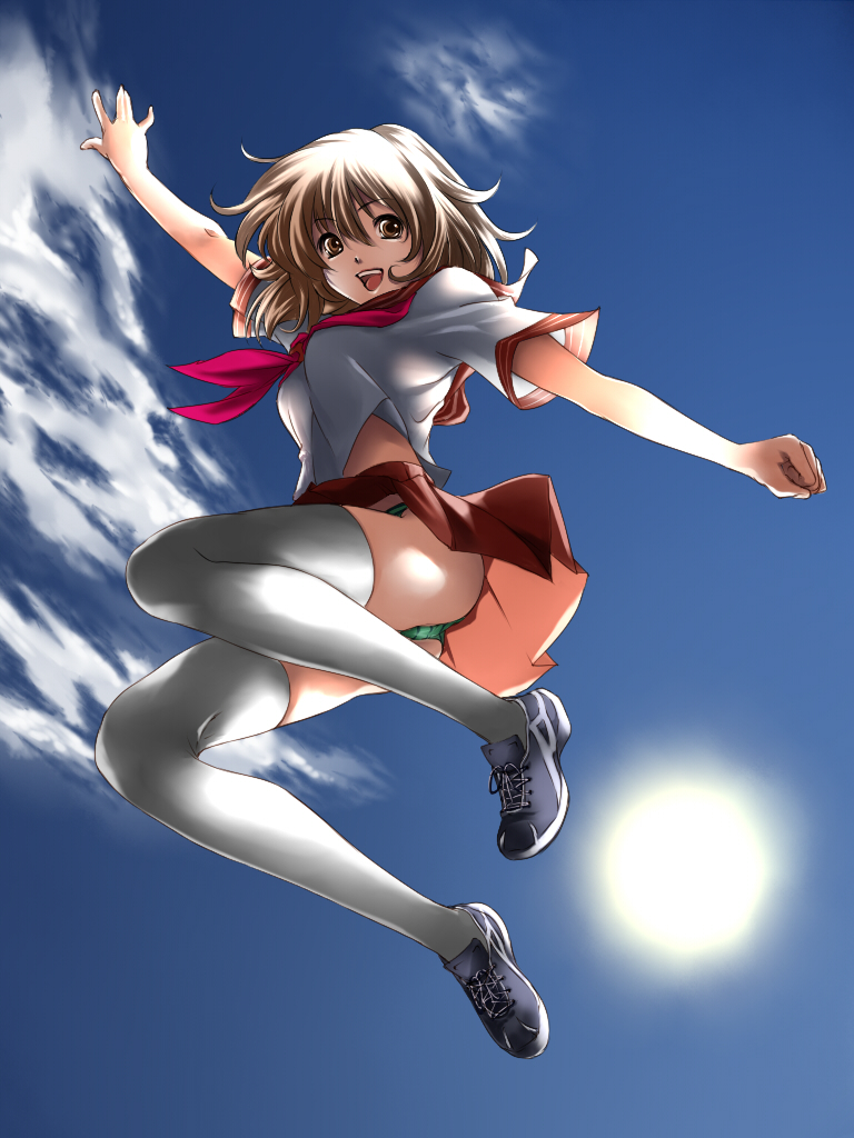 alric, original, 1girl, ass, brown hair, day, female focus, jumping, panties, pantyshot, school uniform, serafuku, short hair, skirt, sky, solo, striped clothes, striped panties, thighhighs, underwear, upskirt