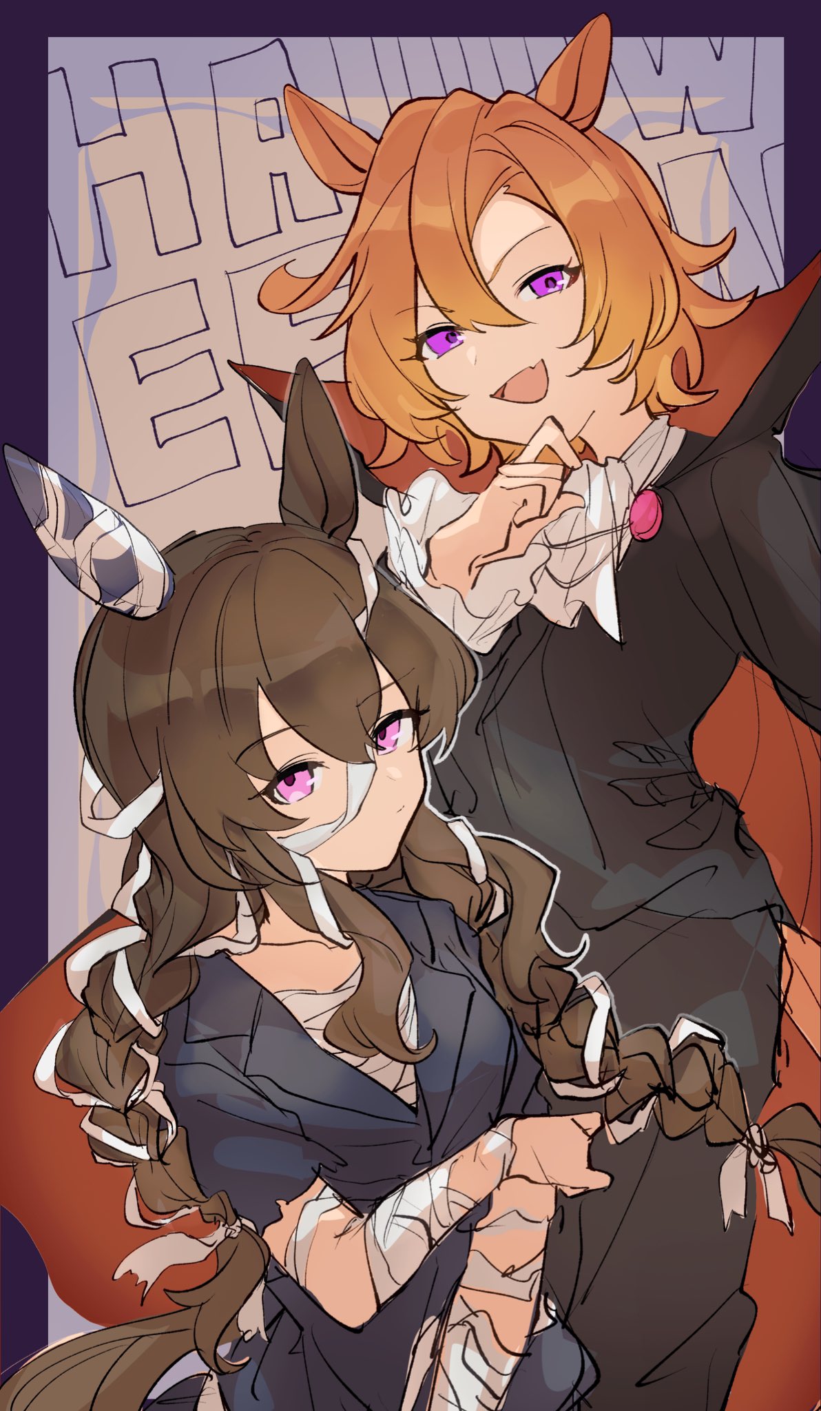 amano (amano miko), admire vega (umamusume), t.m. opera o (umamusume), umamusume, highres, 2girls, alternate hairstyle, animal ears, ascot, bandaged chest, bandages, black cape, braid, breasts, brown hair, cape, closed mouth, ear covers, fang, hair between eyes, halloween, halloween costume, happy halloween, high collar, horse ears, horse girl, horse tail, long hair, long sleeves, looking at viewer, multiple girls, open mouth, orange hair, pink eyes, purple eyes, short sleeves, single ear cover, sketch, small breasts, tail, twin braids, vampire costume, white ascot