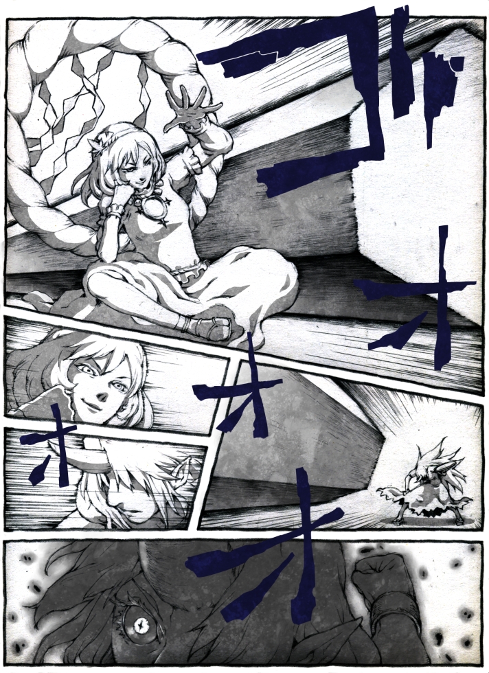 tamo imai, hoshiguma yuugi, yasaka kanako, touhou, bad id, bad pixiv id, 2girls, comic, female focus, greyscale, hairband, horns, leaf, long hair, monochrome, multiple girls, pointy ears, rope, sandals, short hair, single horn