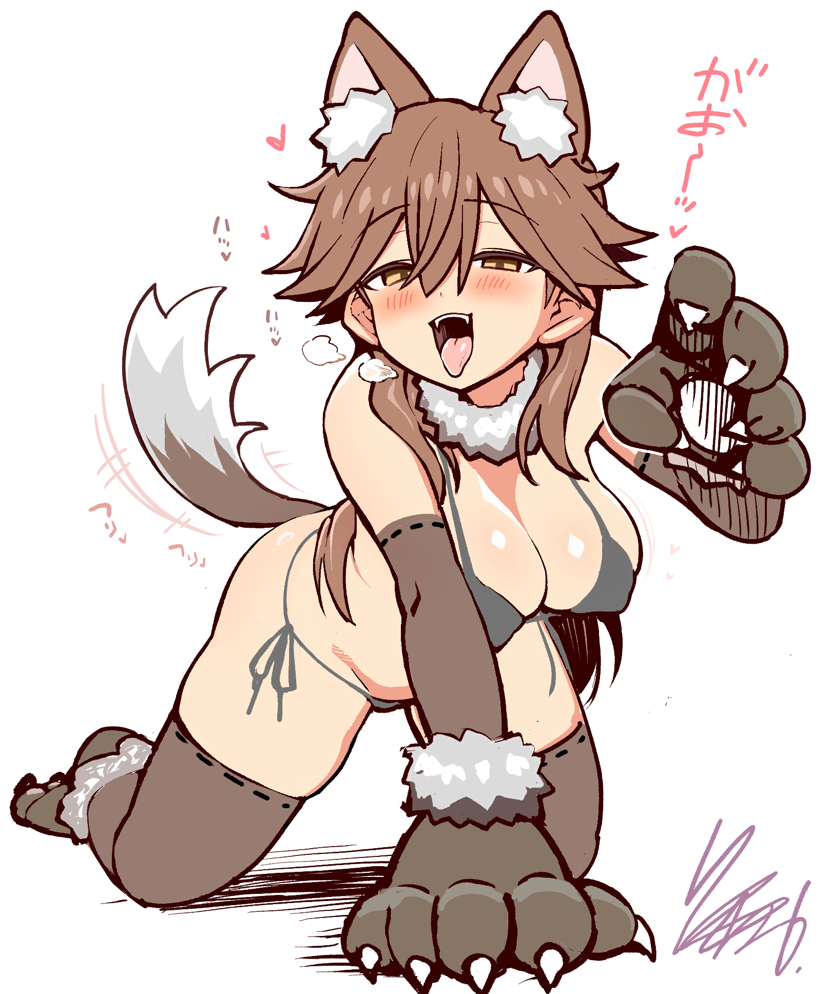 richou (zerozero1101), arashio (kancolle), kantai collection, commentary, highres, symbol-only commentary, 1girl, all fours, alternate costume, animal ears, animal hands, bikini, brown eyes, brown hair, brown thighhighs, fangs, gloves, grey bikini, long hair, paw gloves, paw shoes, simple background, smile, solo, swimsuit, tail, thighhighs, tongue, tongue out, white background, wolf ears, wolf tail