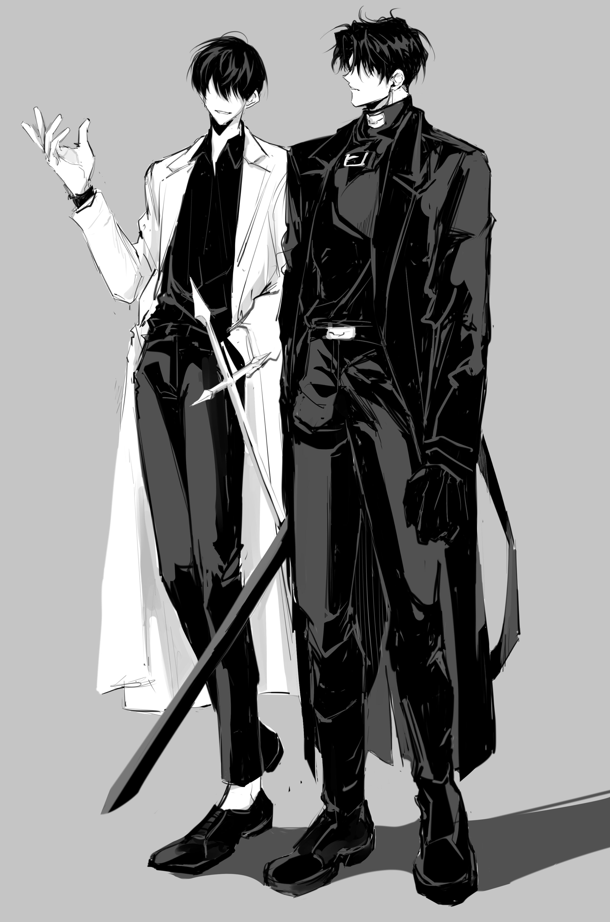 rhyme1863, kim dokja, yoo joonghyuk, omniscient reader's viewpoint, absurdres, highres, 2boys, black coat, black gloves, black hair, black shirt, clenched hand, coat, collared shirt, contrapposto, crew neck, curtained hair, facing another, full body, gloves, greyscale, hand up, head tilt, male focus, monochrome, multiple boys, no eyes, open clothes, open coat, popped collar, scabbard, shadow, sheath, shirt, short hair, standing, white coat