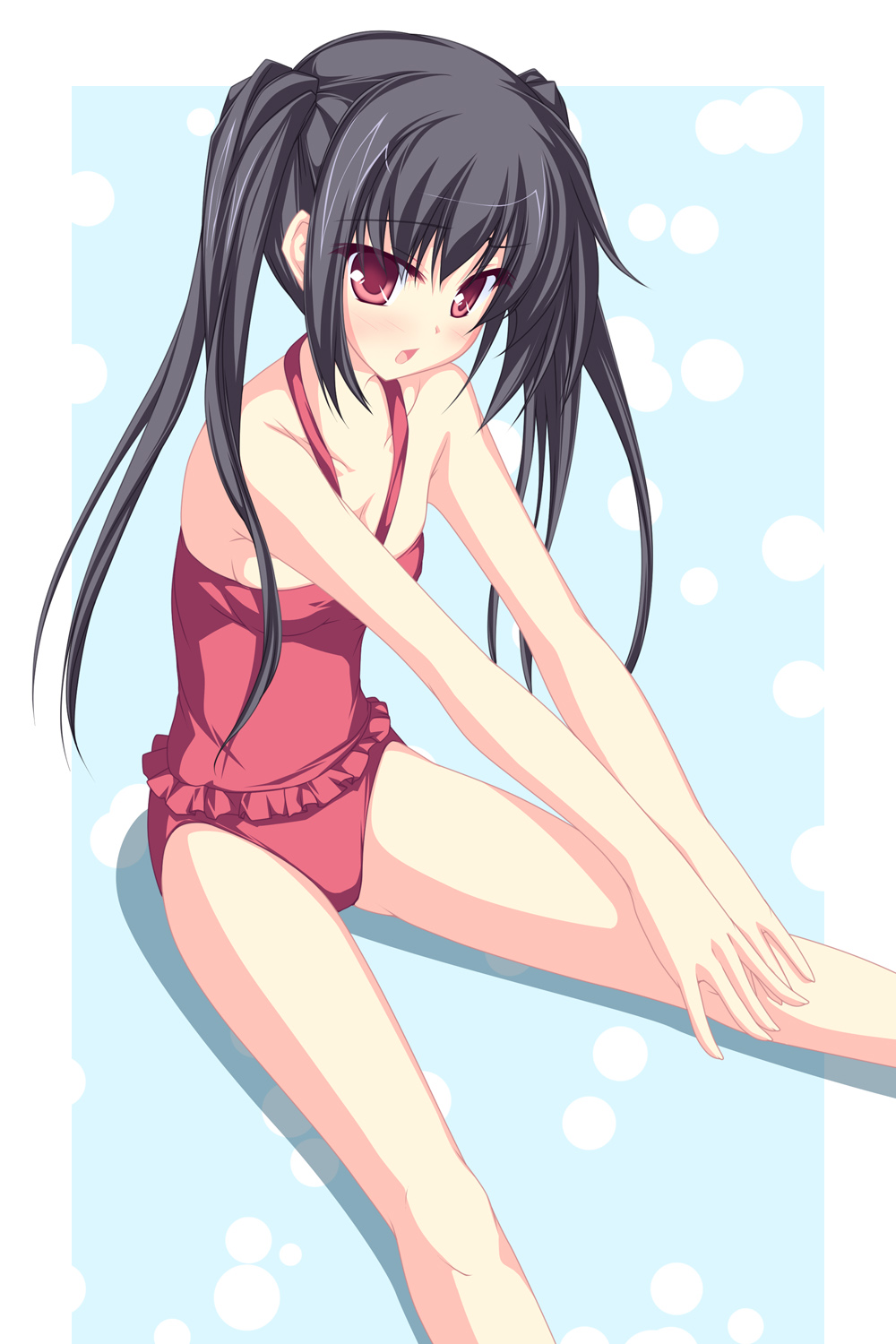tenmaso, nakano azusa, k-on!, frilled swimsuit, bad id, bad pixiv id, highres, 00s, 1girl, black hair, blush, female focus, flat chest, frills, long hair, one-piece swimsuit, open mouth, red eyes, sitting, solo, swimsuit, twintails