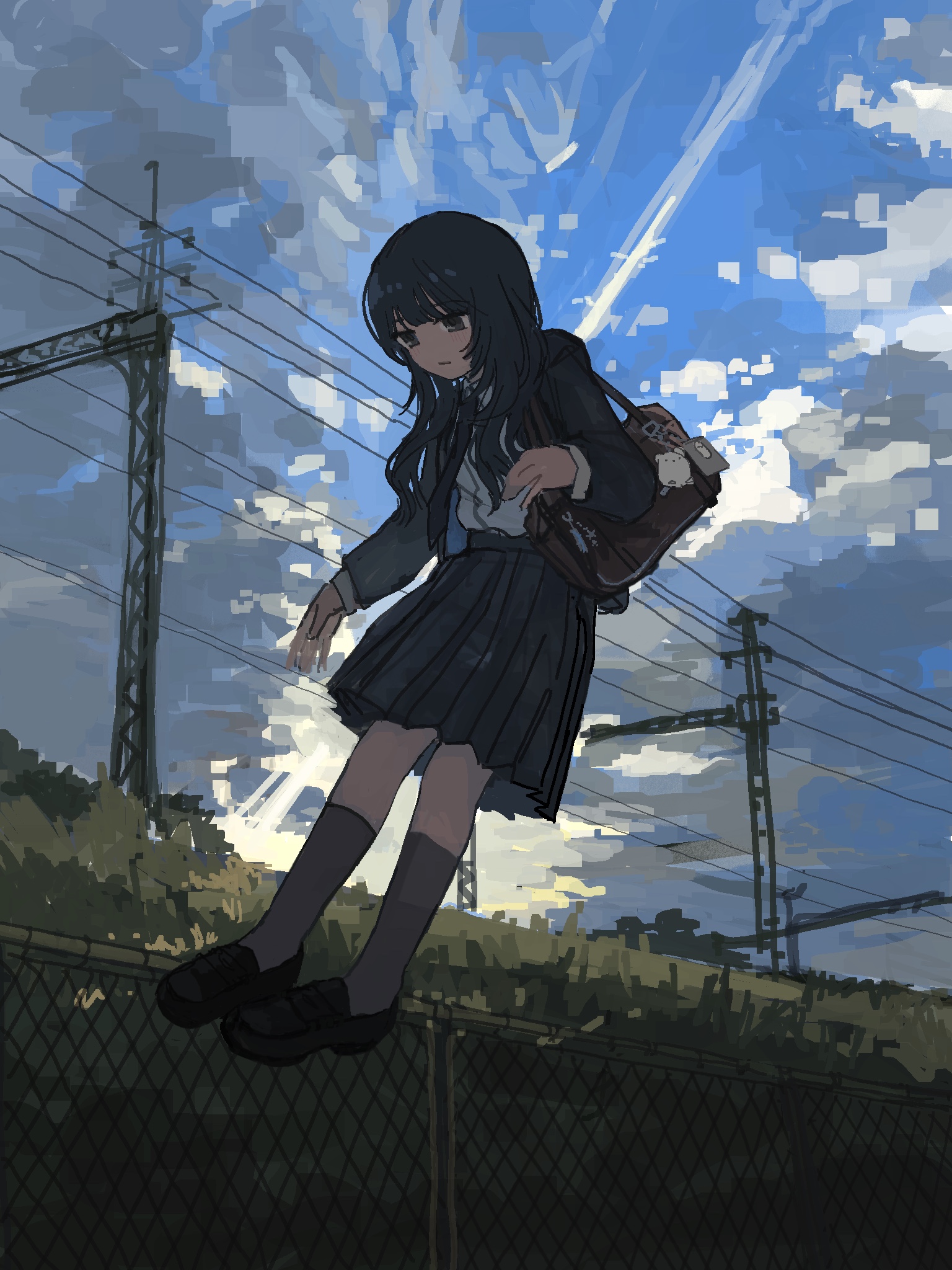 62 retas, original, highres, 1girl, bag, black eyes, black hair, black shoes, black skirt, blue sky, cloud, contrail, expressionless, full body, grey socks, hair between eyes, jacket, kneehighs, long hair, long sleeves, looking ahead, open clothes, open jacket, power lines, school uniform, shoes, shoulder bag, skirt, sky, socks, solo
