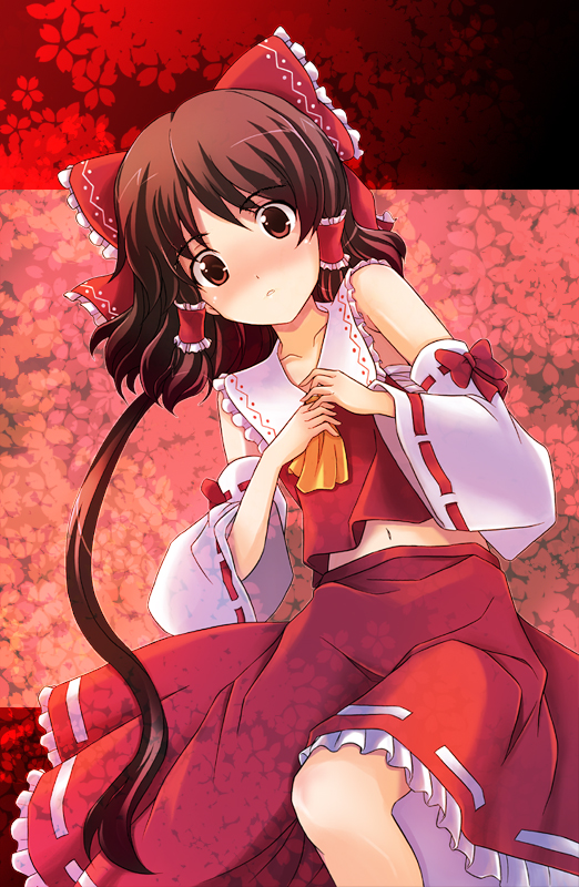 onion (lemlaml), hakurei reimu, touhou, bad id, bad pixiv id, 1girl, bad anatomy, bare shoulders, blush, bow, brown eyes, brown hair, detached sleeves, female focus, hair bow, hair tubes, japanese clothes, long hair, midriff, miko, own hands together, ponytail, poorly drawn, sarashi, solo, surprised