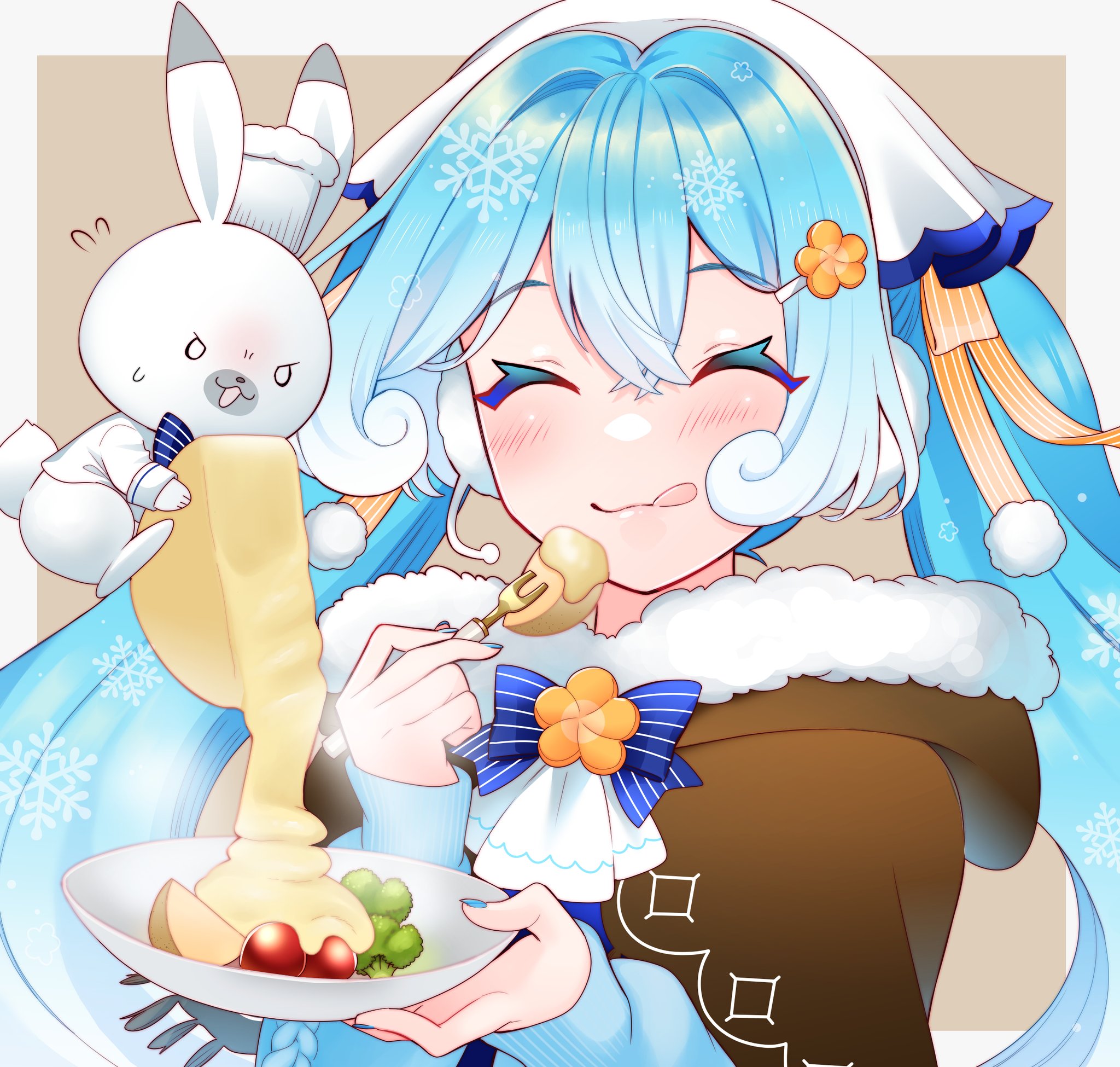 masumofu, hatsune miku, rabbit yukine, yuki miku, vocaloid, commentary request, highres, 1girl, 1other, aqua eyes, aqua hair, aqua nails, blue bow, blush, bow, bowl, brown capelet, capelet, cheese, chef, closed eyes, closed mouth, eating, food, food-themed hair ornament, fork, hair between eyes, hair ornament, holding, holding bowl, holding fork, long hair, long sleeves, melting, mini chef hat, open mouth, rabbit, salad, smile, sweater, twintails, very long hair