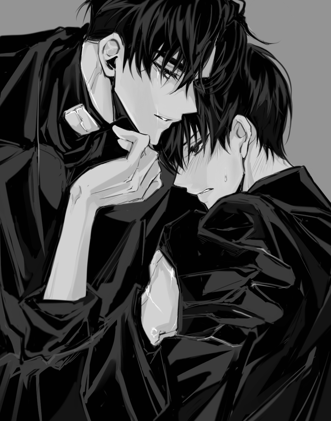 rhyme1863, kim dokja, secretive plotter, yoo joonghyuk, omniscient reader's viewpoint, highres, 2boys, black eyes, black gloves, black hair, black shirt, clenched teeth, crew neck, flustered, gloves, greyscale, hand on another's cheek, hand on another's face, hand on another's shoulder, hug, large hands, looking at another, looking at viewer, monochrome, multiple boys, multiple scars, scar, scar across eye, scar on face, scar on hand, scar on mouth, shirt, short hair, sweatdrop, teeth, yaoi