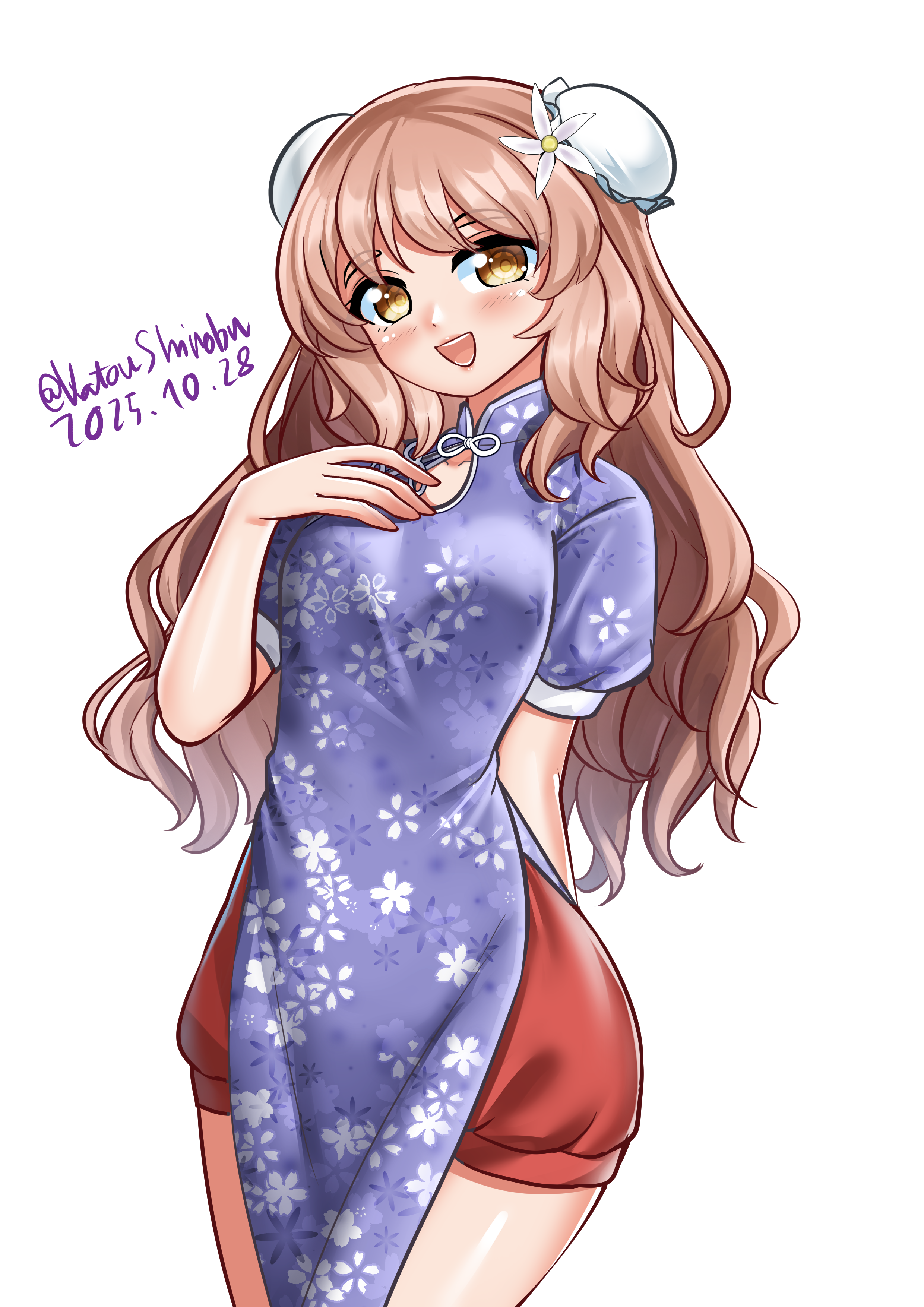 katou shinobu, yashiro (kancolle), kantai collection, absurdres, commentary, english commentary, highres, 1girl, blue dress, brown eyes, brown hair, bun cover, china dress, chinese clothes, cowboy shot, dated, double bun, dress, floral print, hair bun, hand on own chest, long hair, one-hour drawing challenge, shorts under dress, simple background, solo, twitter username, white background