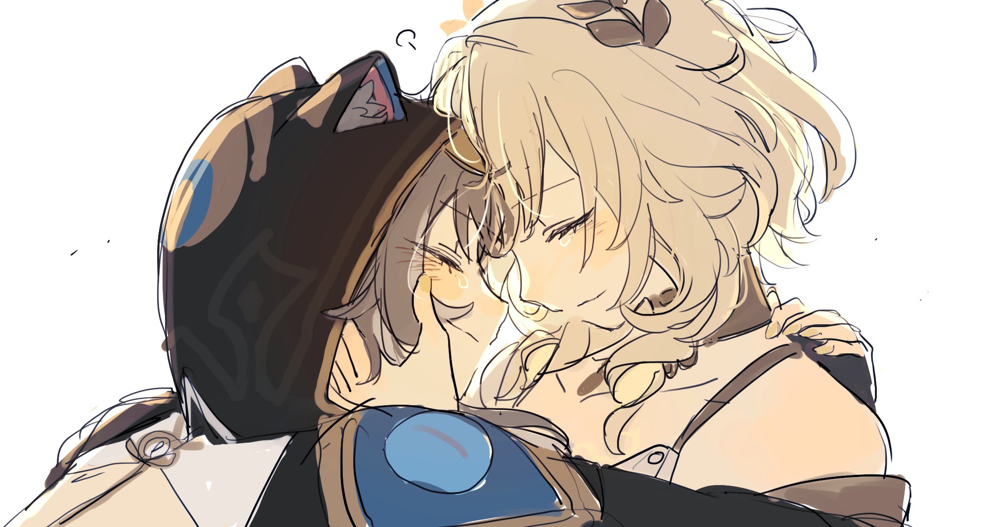 eardoor 1022, aglaea (honkai: star rail), cipher (honkai: star rail), honkai: star rail, honkai (series), hashtag-only commentary, highres, korean commentary, 2girls, animal ear fluff, animal ears, animal hood, blonde hair, blush, cat ears, cat girl, cat hood, closed eyes, clothing cutout, forehead-to-forehead, grey hair, heads together, hood, hug, jewelry, laurel crown, multiple girls, necklace, short hair, tearing up, yuri