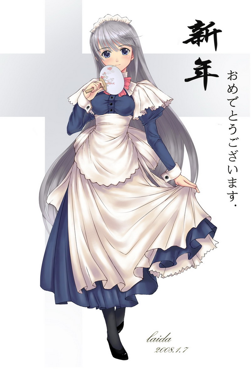 laida, silver hair, bad id, bad pixiv id, translation request, apron, blue eyes, blush, hand fan, long hair, maid, maid apron, solo, very long hair