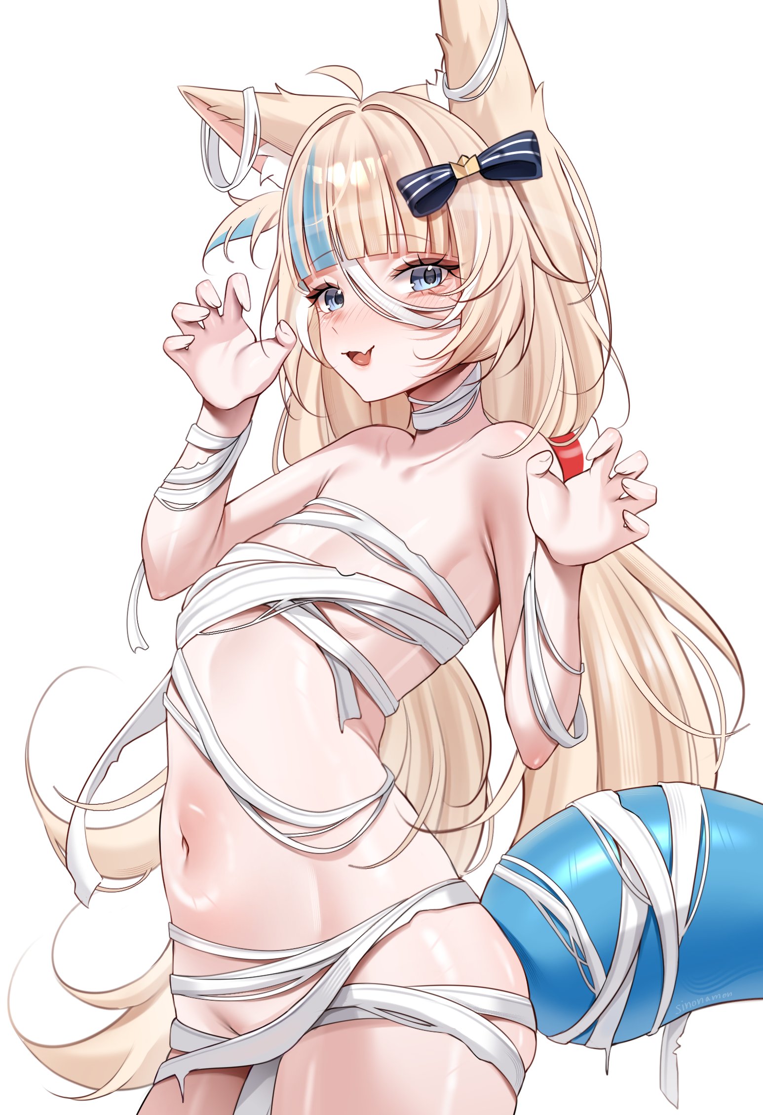 sinonamon, sameko saba, indie virtual youtuber, commentary, highres, symbol-only commentary, 1girl, aegyo sal, ahoge, animal ears, bandaged arm, bandaged chest, bandaged head, bandaged neck, bandages, blonde hair, blue bow, blue eyes, blue hair, blue tail, blush, bow, cat ears, claw pose, collarbone, fang, fins, fish girl, fish tail, flat chest, groin, hair bow, long hair, looking at viewer, multicolored hair, mummy costume, naked bandage, navel, one side up, open mouth, simple background, skin fang, smile, solo, stomach, streaked hair, tail, thighs, tongue, two-tone hair, virtual youtuber, white background