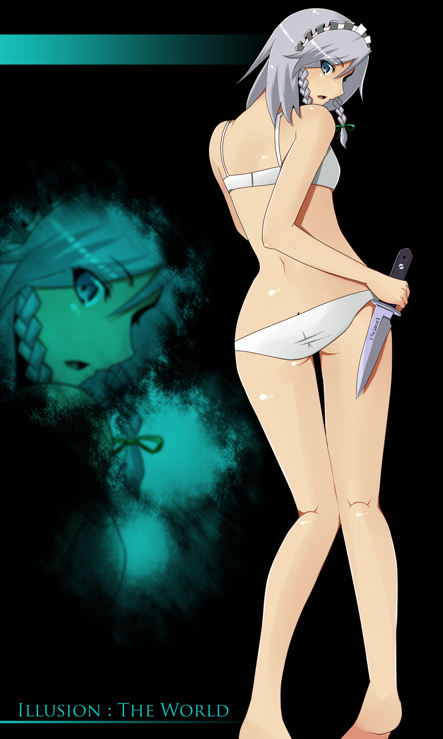 jont, izayoi sakuya, touhou, silver hair, bad id, bad pixiv id, highres, 1girl, barefoot, blue eyes, bra, braid, butt crack, female focus, knife, lingerie, looking back, panties, solo, twin braids, underwear, underwear only, zoom layer