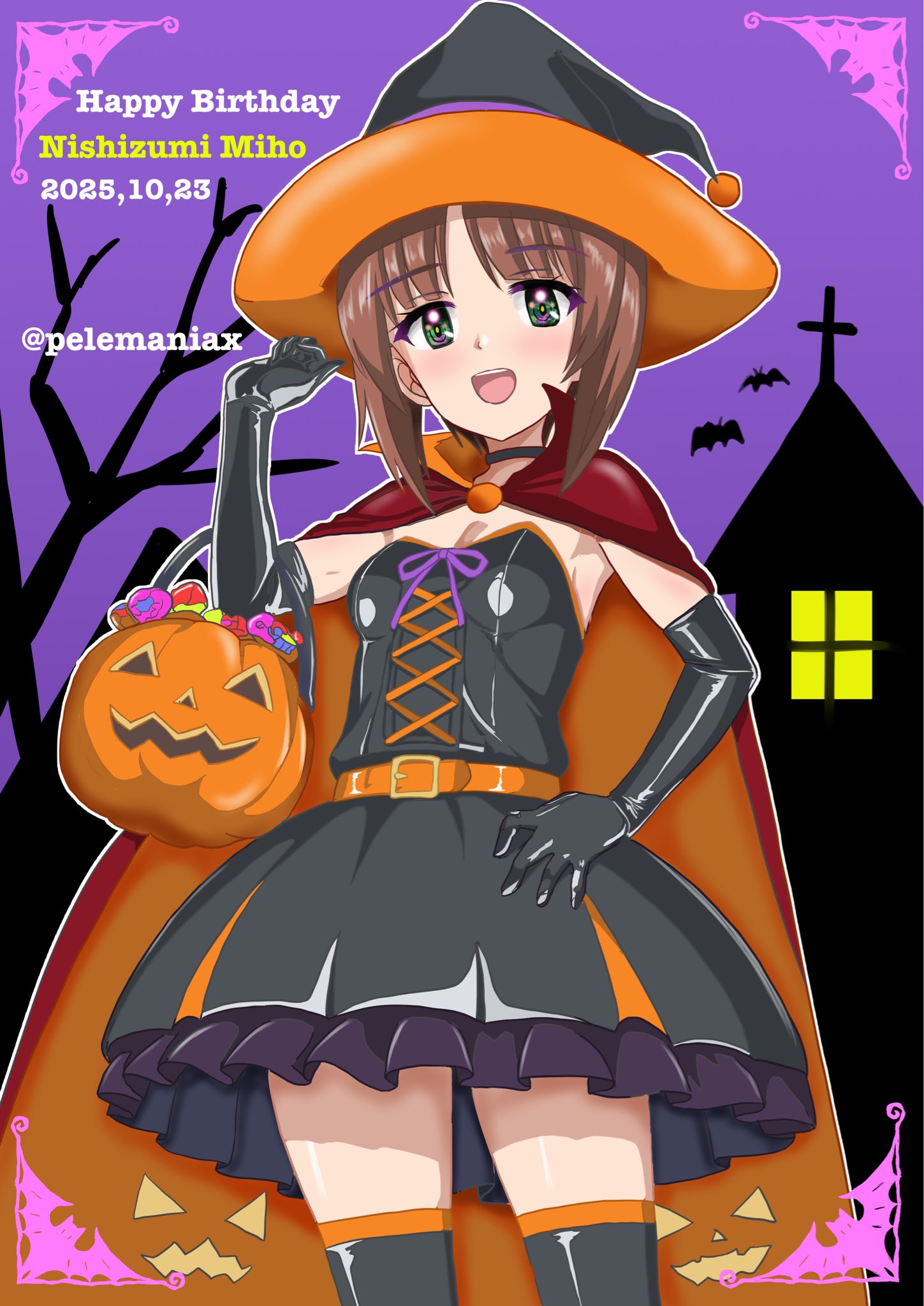 pele@mix, nishizumi miho, girls und panzer, highres, 1girl, black dress, black gloves, black hat, black thighhighs, brown eyes, brown hair, cape, character name, cowboy shot, dated, dress, elbow gloves, gloves, halloween bucket, halloween costume, happy birthday, hat, jack-o'-lantern, orange cape, red cape, short hair, silhouette, smile, solo, strapless, strapless dress, thighhighs, two-tone cape, witch hat