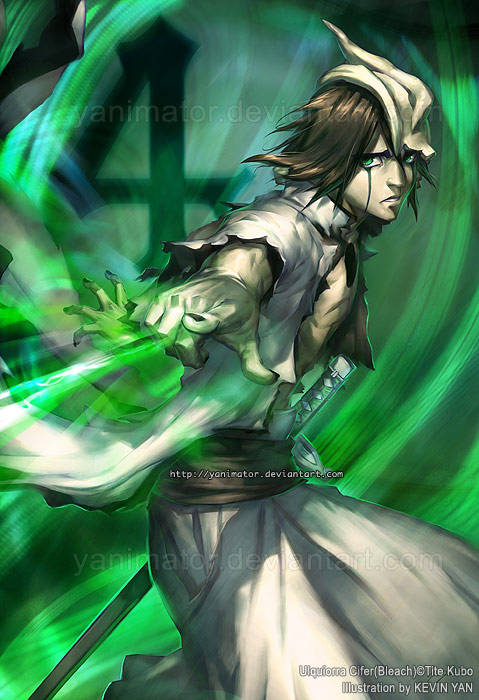 kevin yan, ulquiorra cifer, bleach, artist name, black hair, character name, copyright name, deviantart username, energy blast, facial mark, green eyes, half mask, mask, medium hair, numbered, pale skin, pointing, torn clothes, watermark, web address