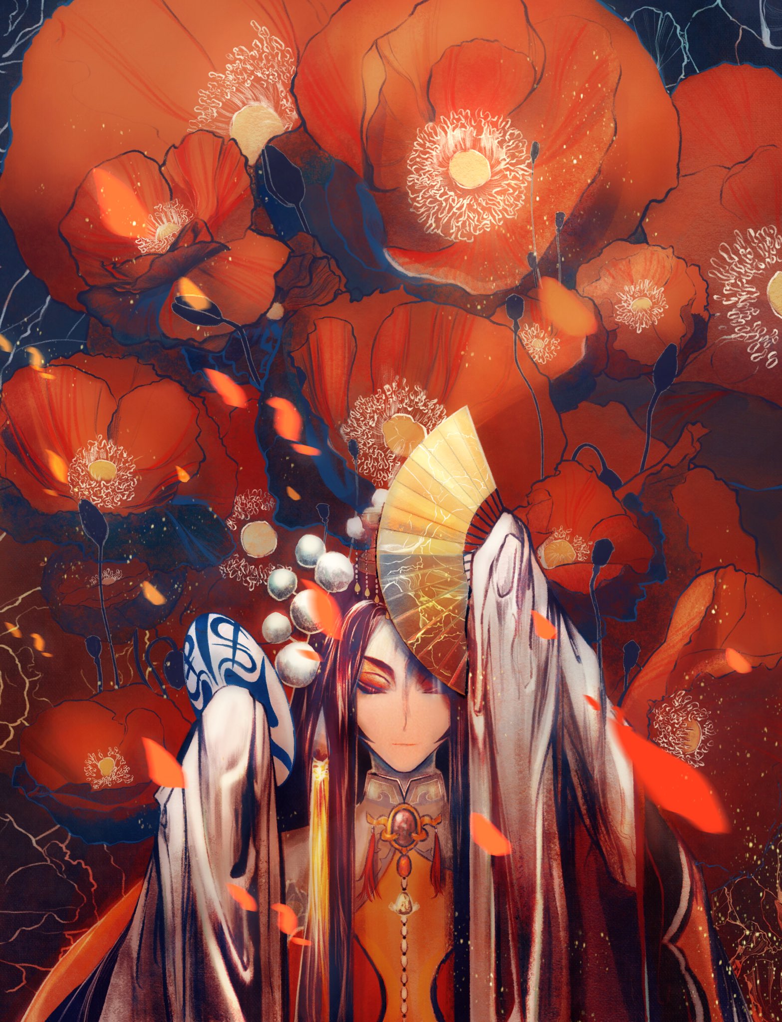 feixxxuan, farewell my concubine (the tale of food), the tale of food, highres, 1boy, black hair, capelet, closed mouth, curtained hair, expressionless, eyeshadow, facial mark, facing viewer, falling petals, floral background, flower, folding fan, forehead mark, grey capelet, hair ornament, hand fan, hands up, headdress, holding, holding fan, holding mask, long hair, makeup, male focus, mask, neck tassel, one eye closed, oversized flower, parted bangs, peking opera, petals, pom pom (clothes), pom pom hair ornament, poppy (flower), red eyeshadow, red flower, red robe, red veil, robe, sleeves past fingers, sleeves past wrists, solo, straight-on, straight hair, tassel, upper body, veil, water sleeves