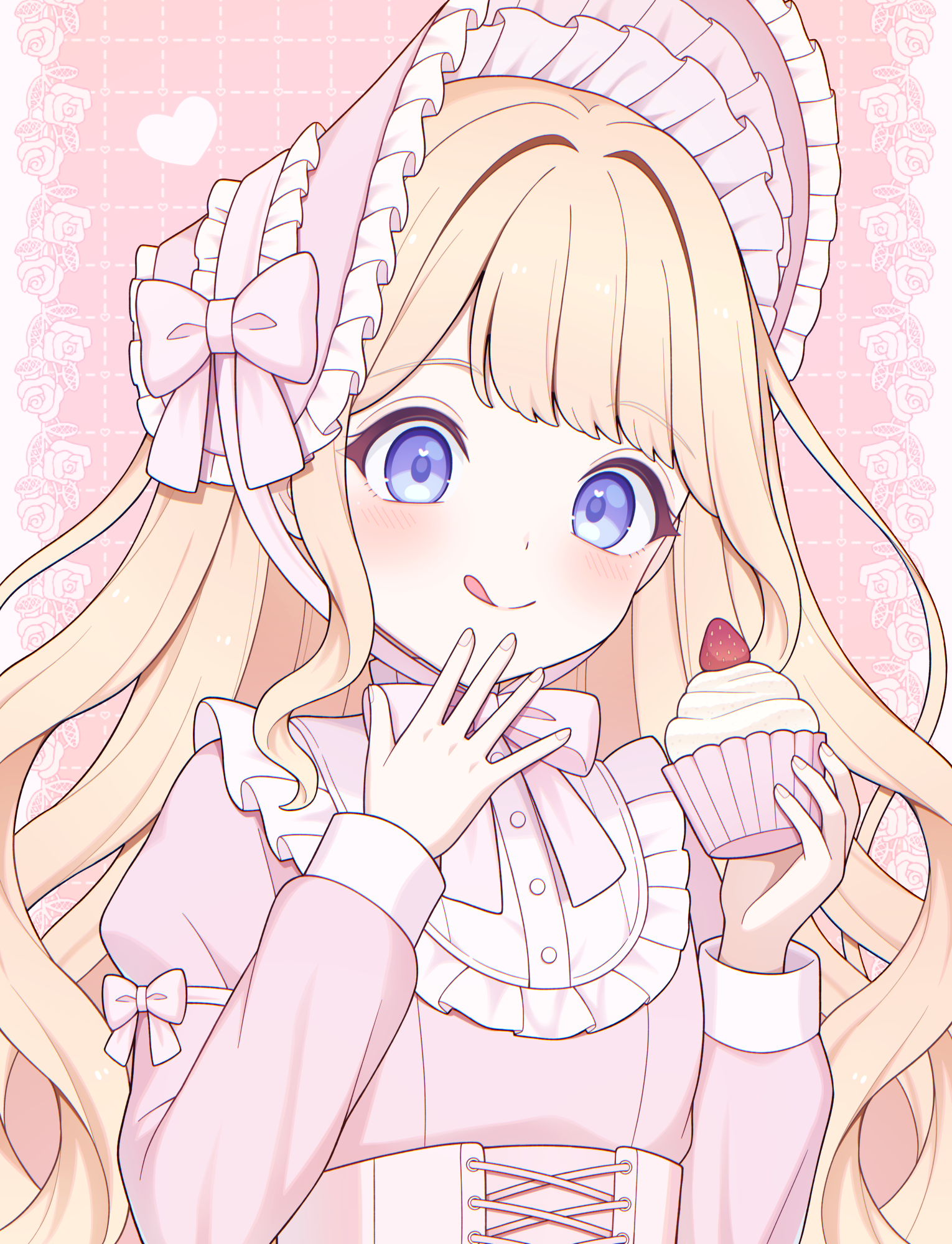 original, highres, 1girl, blonde hair, blue eyes, bonnet, bow, bowtie, closed mouth, corset, cupcake, dress, food, frilled bonnet, frills, fruit, hair intakes, holding, holding food, licking lips, light blush, lolita fashion, long hair, looking at food, pink bow, pink bowtie, pink corset, pink dress, san nana, smile, solo, strawberry, tongue, tongue out, upper body, white bonnet
