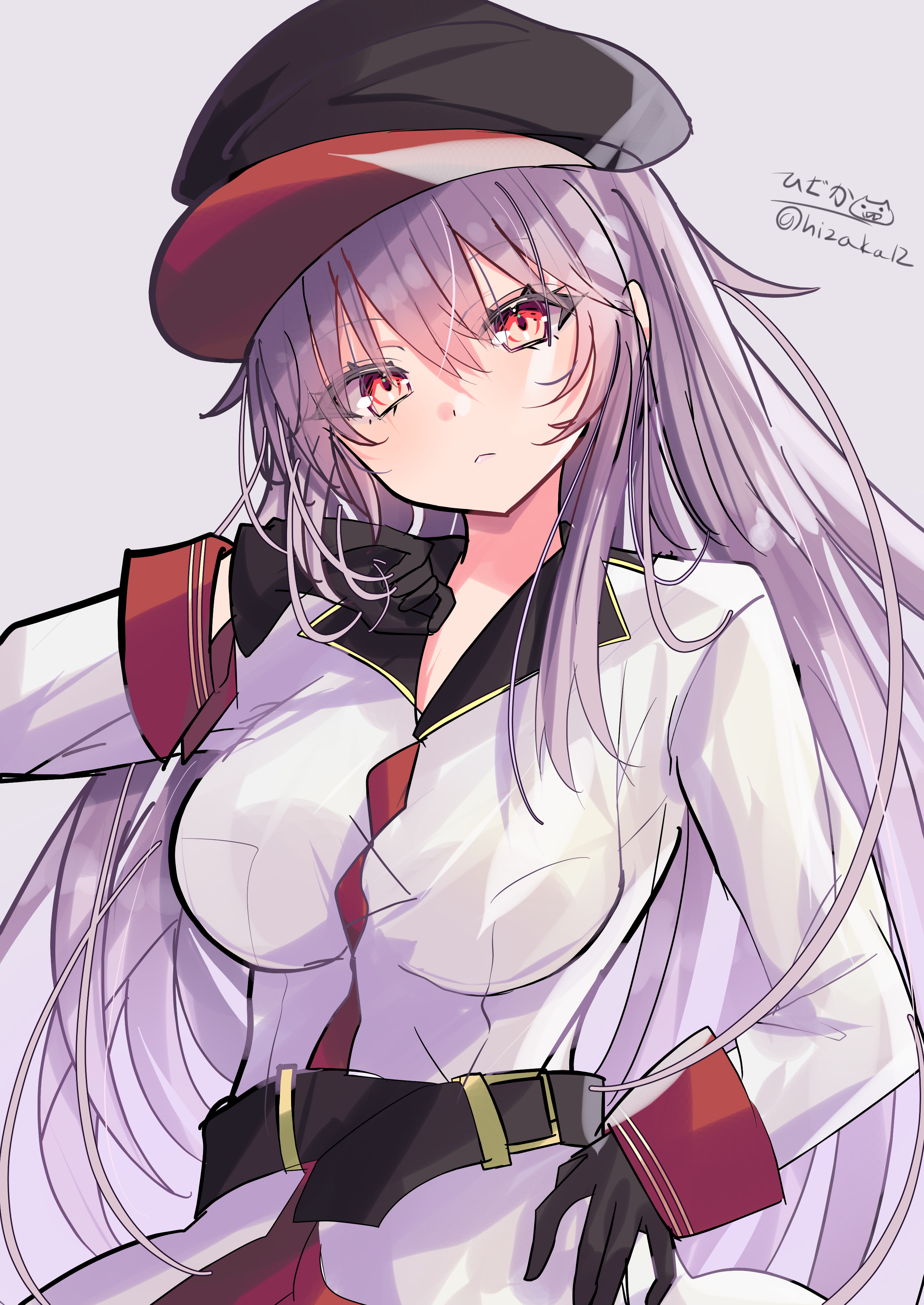 hizaka, gangut (kancolle), kantai collection, absurdres, highres, 1girl, black gloves, breasts, gloves, grey hair, hand on own hip, hat, large breasts, long sleeves, looking at viewer, peaked cap, red eyes, solo, twitter username