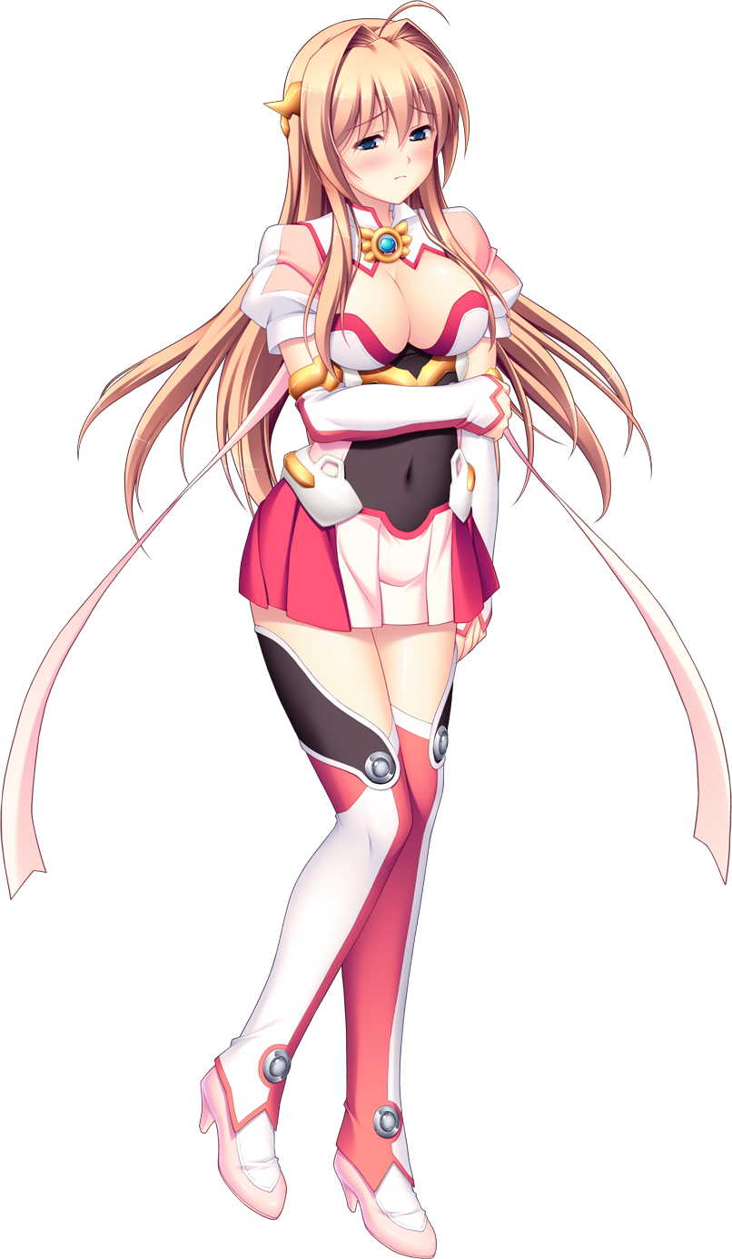 tsukumo kazuita, game cg, highres, large variant set, non-web source, official art, variant set, 1girl, ahoge, angel tear, blue eyes, blush, boots, breasts, chest jewel, cleavage, covered navel, detached sleeves, elbow gloves, fingerless gloves, full body, gloves, hair intakes, hair ornament, high heels, holding own arm, large breasts, long hair, looking at viewer, magical girl, maishima yuri, nerawareta megami tenshi angel tear, pleated skirt, puffy sleeves, see-through clothes, skirt, smile, solo, standing, tachi-e, thigh boots, thighhighs, transparent background, zettai ryouiki