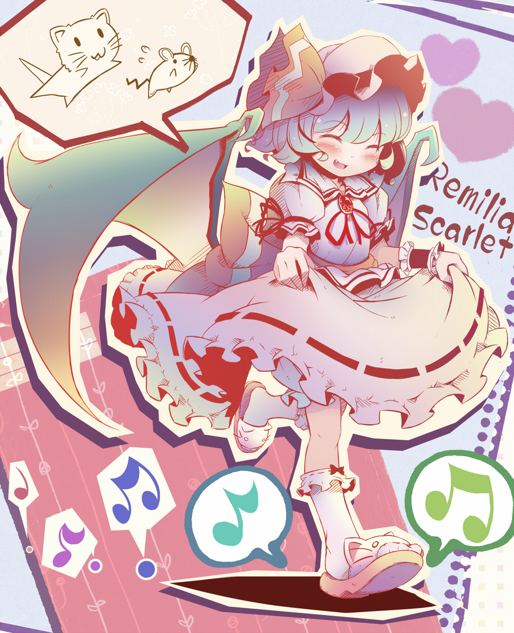 takahero, remilia scarlet, touhou, highres, 1girl, animal slippers, bat wings, blue hair, cat, cat slippers, closed eyes, female focus, full body, hat, heart, mob cap, mouse (animal), musical note, short hair, skirt, skirt hold, slippers, socks, solo, wings