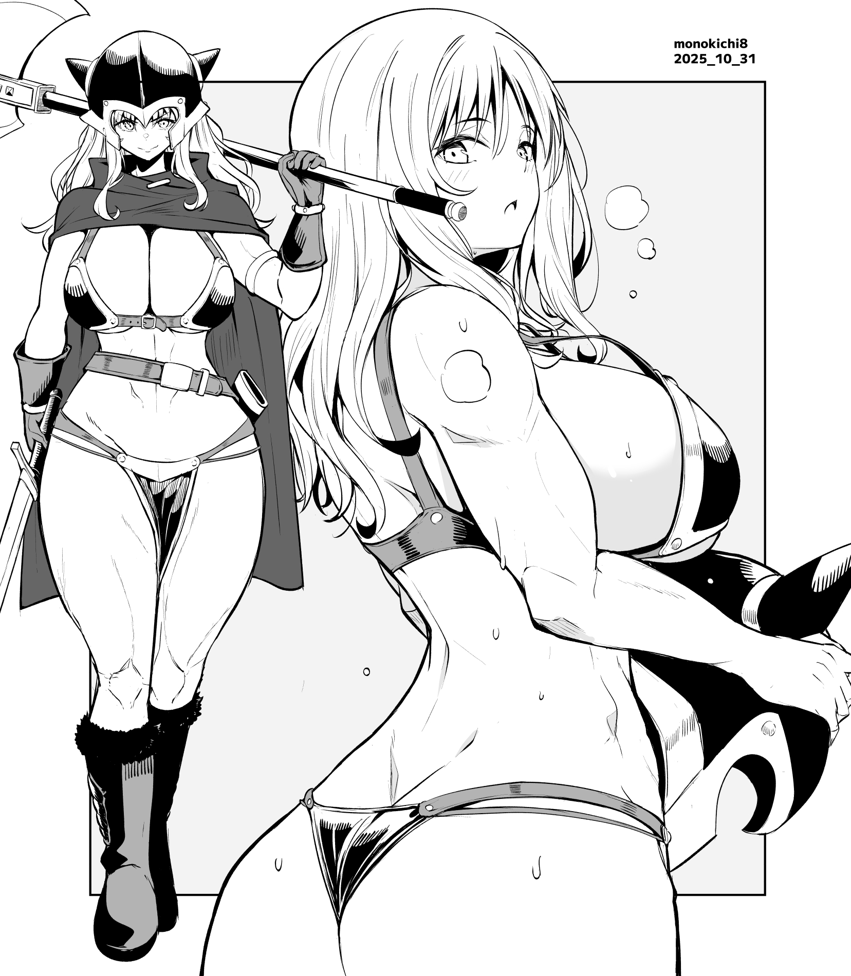 kichihachi, original, commentary request, highres, 1girl, armor, ass, asymmetrical dual wielding, axe, bikini armor, boots, breasts, breath, cloak, closed mouth, dated, dual wielding, fake horns, full body, gloves, greyscale, helmet, holding, holding axe, holding sword, holding unworn helmet, holding weapon, horned helmet, horns, large breasts, light blush, long hair, looking at viewer, monochrome, multiple views, open mouth, outside border, pelvic curtain, sheath, smile, standing, sweat, sword, thong, twitter username, unsheathed, unworn headwear, unworn helmet, weapon