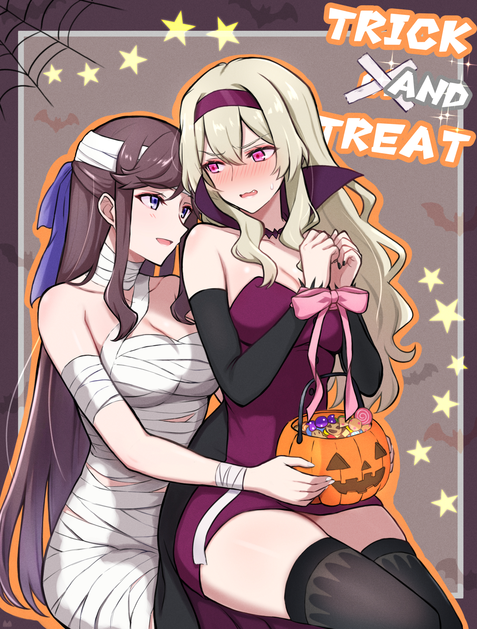 chibinekopan, saijou claudine, tendou maya, shoujo kageki revue starlight, commentary, highres, 2girls, bandaged arm, bandaged head, bandaged leg, bandaged neck, bandaged torso, bandaged wrist, bandages, bare shoulders, bat (animal), black dress, black nails, black thighhighs, blonde hair, blush, border, bound, bound wrists, bow, breasts, brown hair, candy, cleavage, collar, collarbone, detached sleeves, dress, fang, fingernails, food, grey background, hair between eyes, hair bow, hairband, half updo, halloween, halloween bucket, halloween costume, hands up, jack-o'-lantern, large breasts, lollipop, long hair, long sleeves, looking at another, looking to the side, multiple girls, mummy costume, mystical high collar, nail polish, naked bandage, neckerchief, nose blush, orange outline, outline, outside border, parted lips, pink dress, pink eyes, pink ribbon, purple border, purple bow, purple collar, purple hairband, ribbon, ribbon bondage, sidelocks, silk, sitting, sitting on lap, sitting on person, smile, sparkle, spider web, star (symbol), sweatdrop, swirl lollipop, thighhighs, trick or treat, two-tone dress, v-shaped eyebrows, vampire costume, very long hair, wavy hair, wavy mouth, white neckerchief, yuri