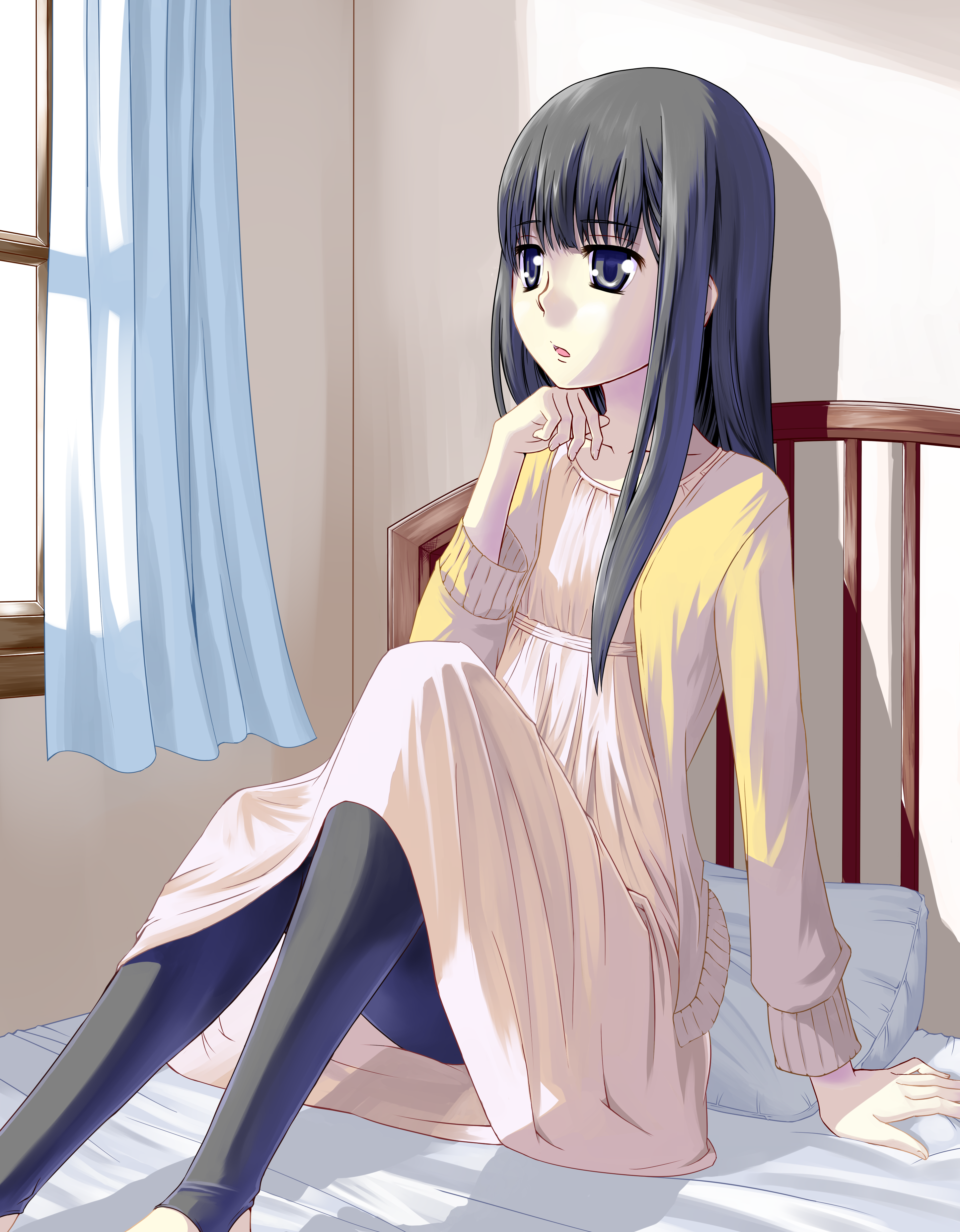 nomi, chiba saori, hourou musuko, absurdres, highres, 1girl, bed, black eyes, black hair, dress, female focus, leggings, long hair, shadow, sitting, solo, sweater, window