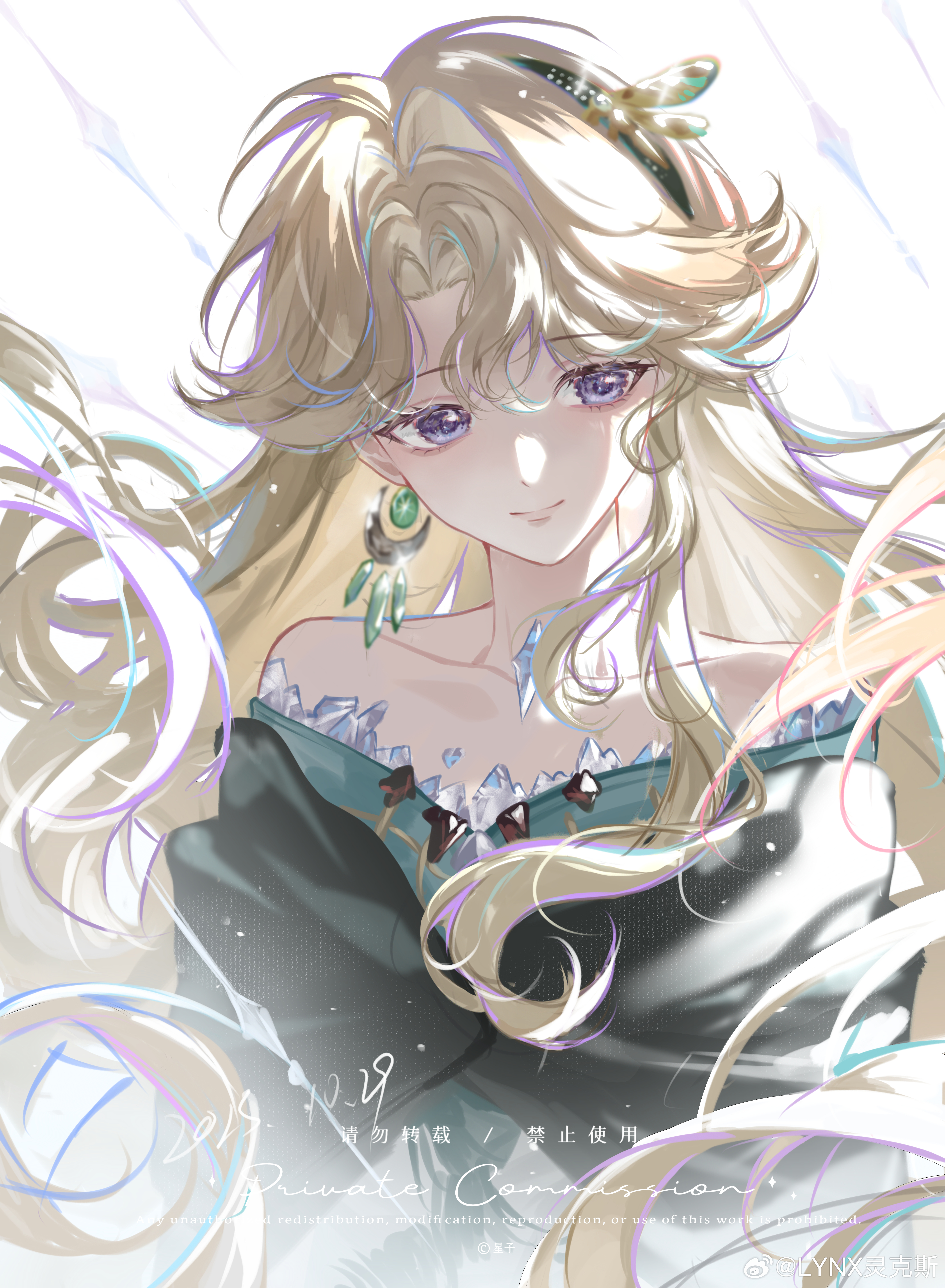 reverse:1999, absurdres, highres, 1girl, bare shoulders, beryl bouanich, black cloak, blue eyes, cloak, closed mouth, crescent, crescent earrings, dated, dragonfly hair ornament, earrings, floating earrings, floating hair, grey hair, jewelry, long hair, looking at viewer, lynx lingkesi, parted bangs, single earring, smile, solo, upper body, watermark, weibo watermark, white background