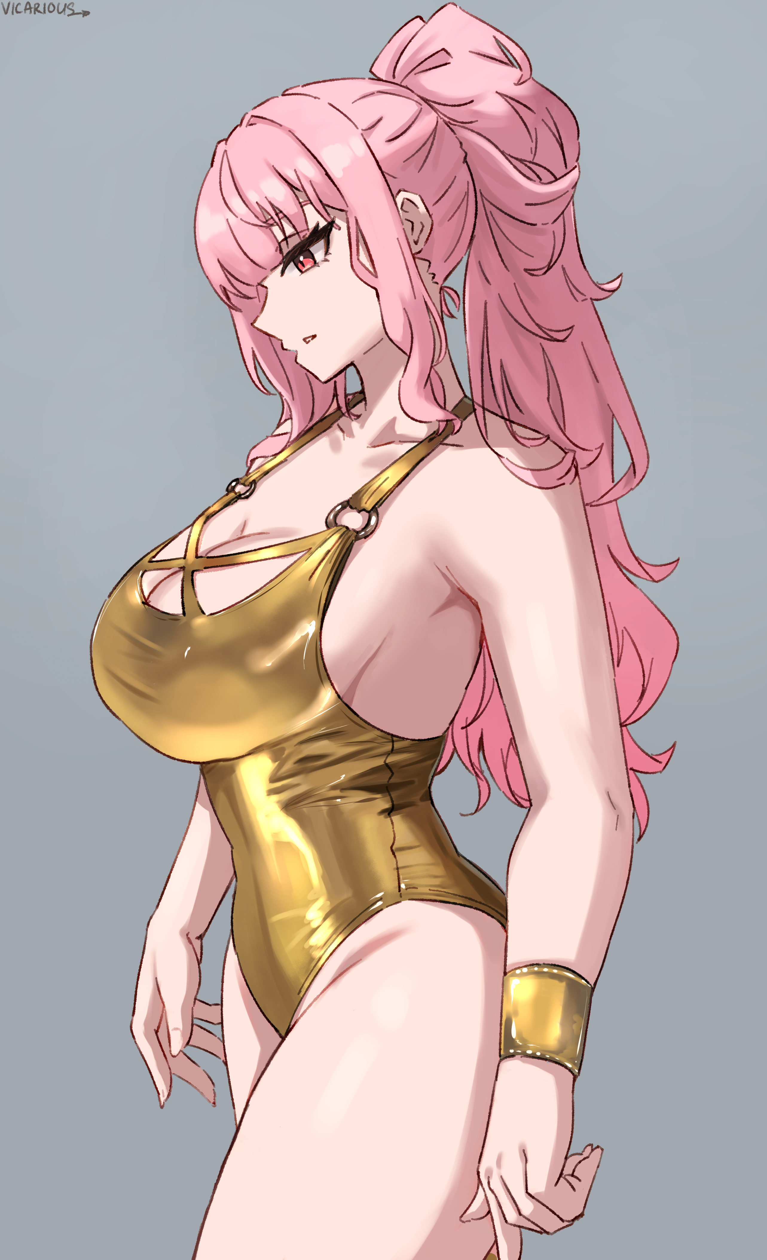 vicarious, mori calliope, hololive, hololive english, absurdres, commentary, english commentary, highres, 1girl, artist name, bare shoulders, breasts, collarbone, from side, grey background, high ponytail, large breasts, long hair, o-ring, o-ring swimsuit, one-piece swimsuit, parted lips, pink hair, ponytail, simple background, solo, swimsuit, thighs, virtual youtuber, wrist cuffs, yellow one-piece swimsuit, yellow wrist cuffs